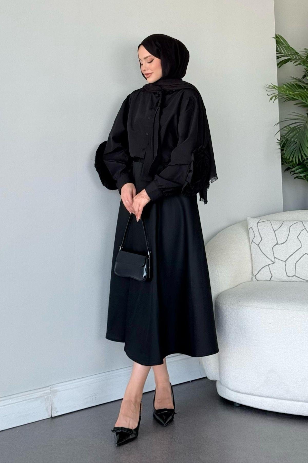 Tasarım Güllü Gömlek Siyah, Fiyatları 