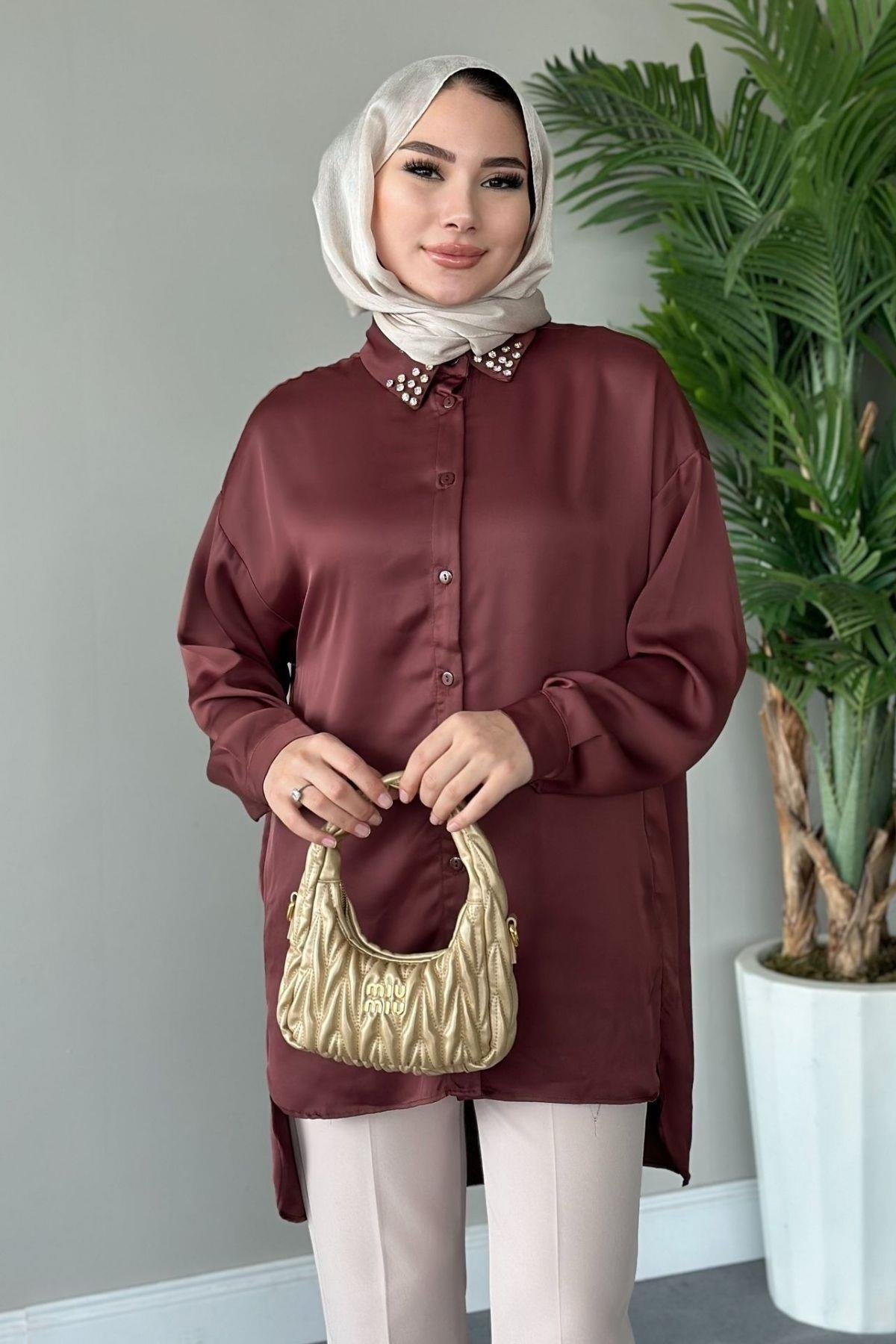 Taşlı Saten Gömlek Kahve, Fiyatları 