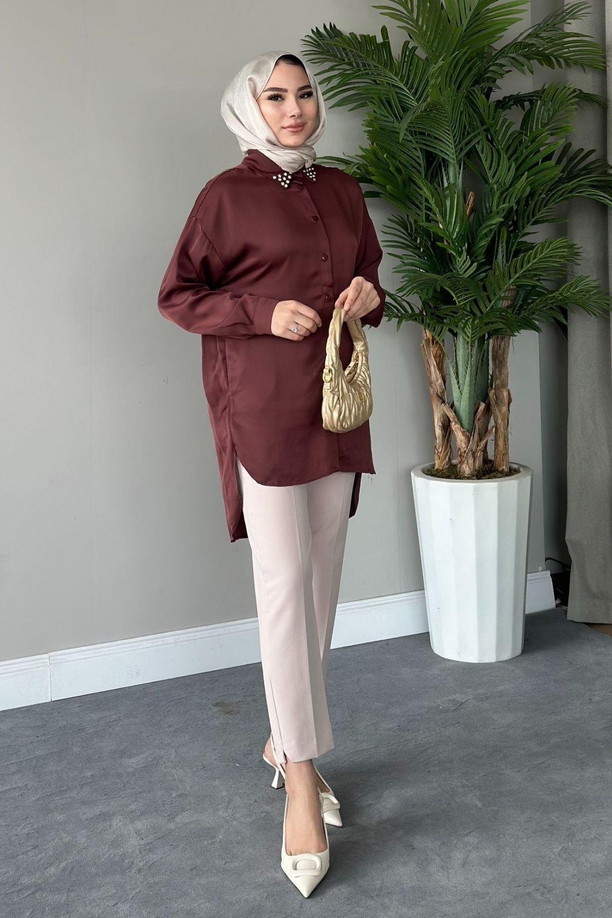 Taşlı Saten Gömlek Kahve, Fiyatları 