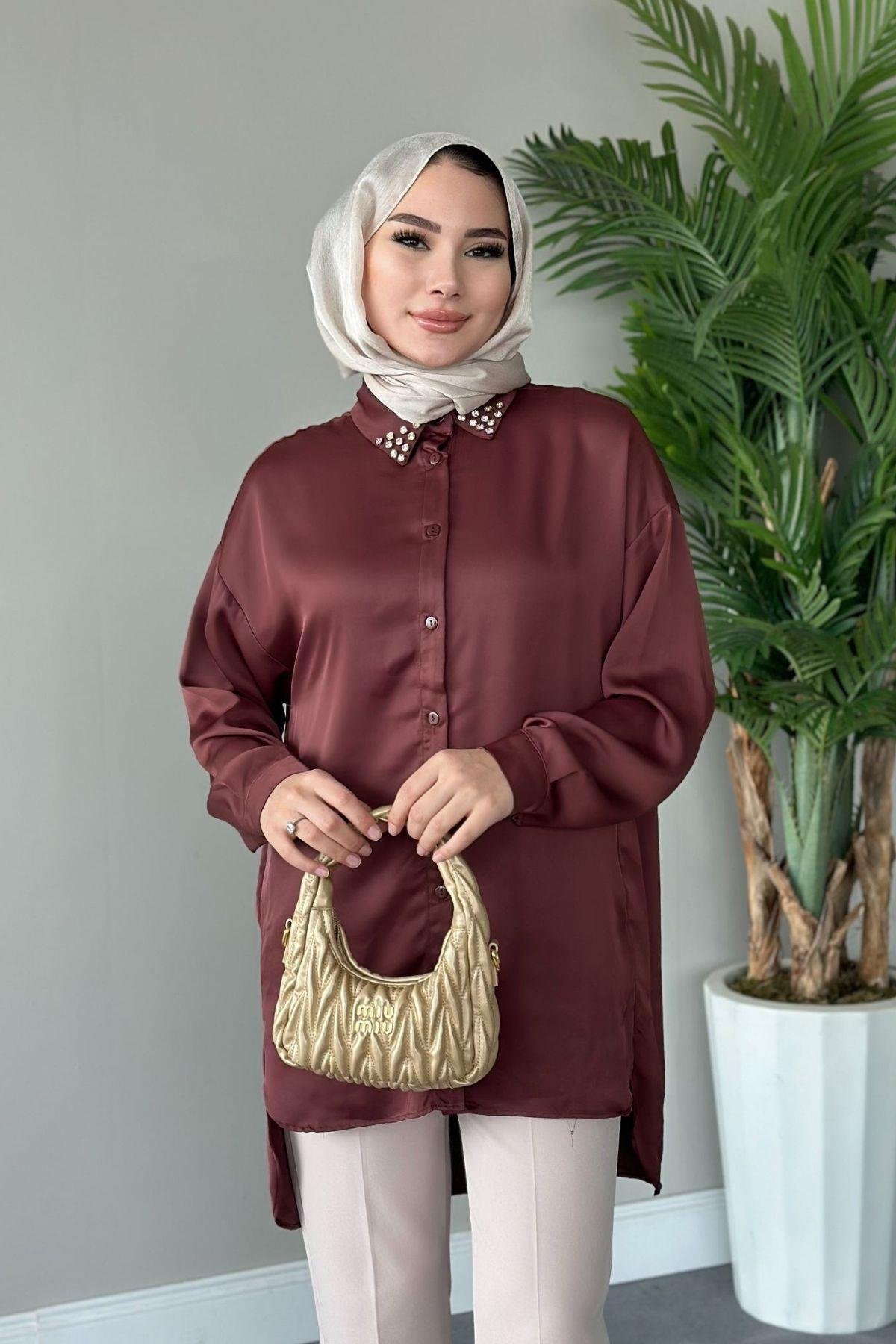 Taşlı Saten Gömlek Kahve, Fiyatları 