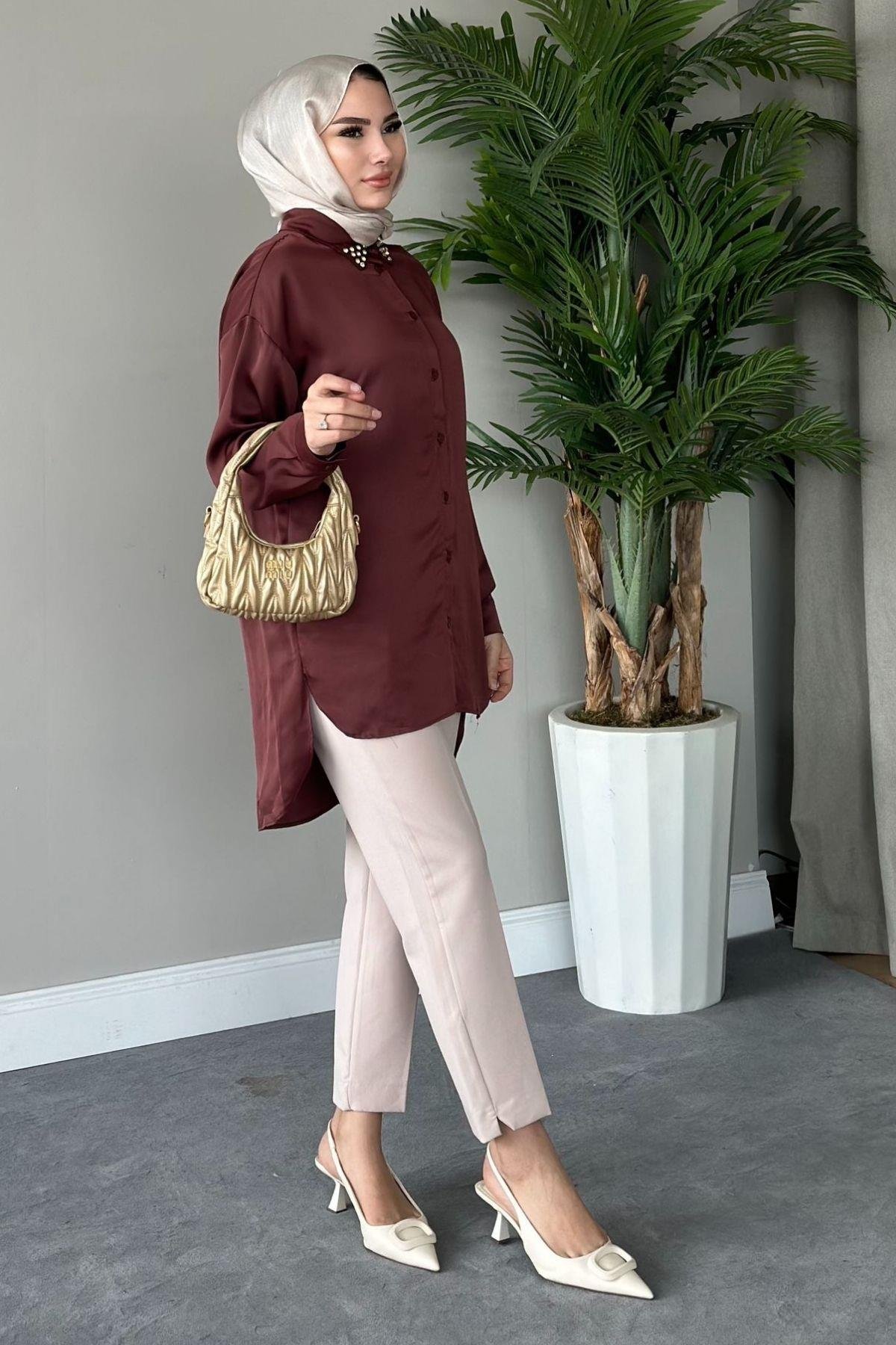 Taşlı Saten Gömlek Kahve, Fiyatları 