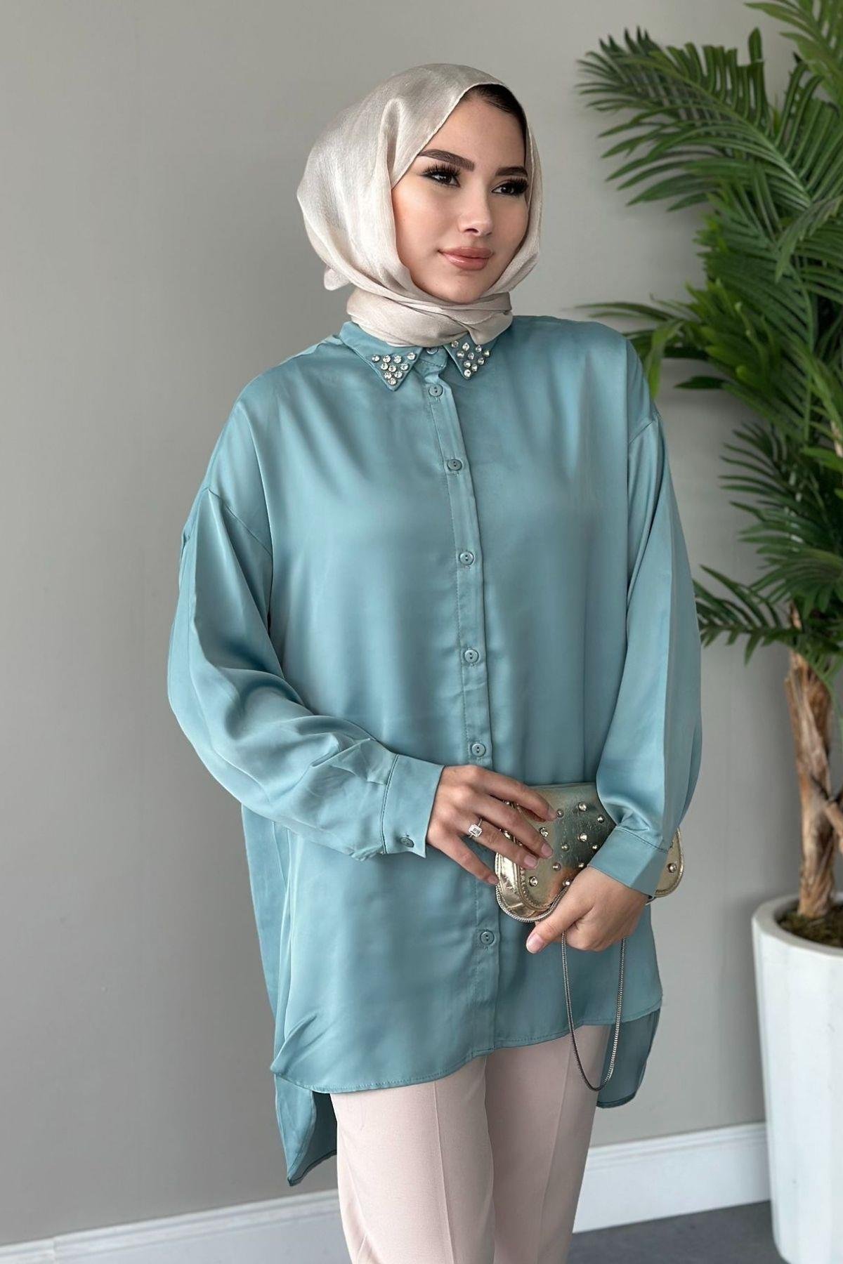 Taşlı Saten Gömlek Mint, Fiyatları 