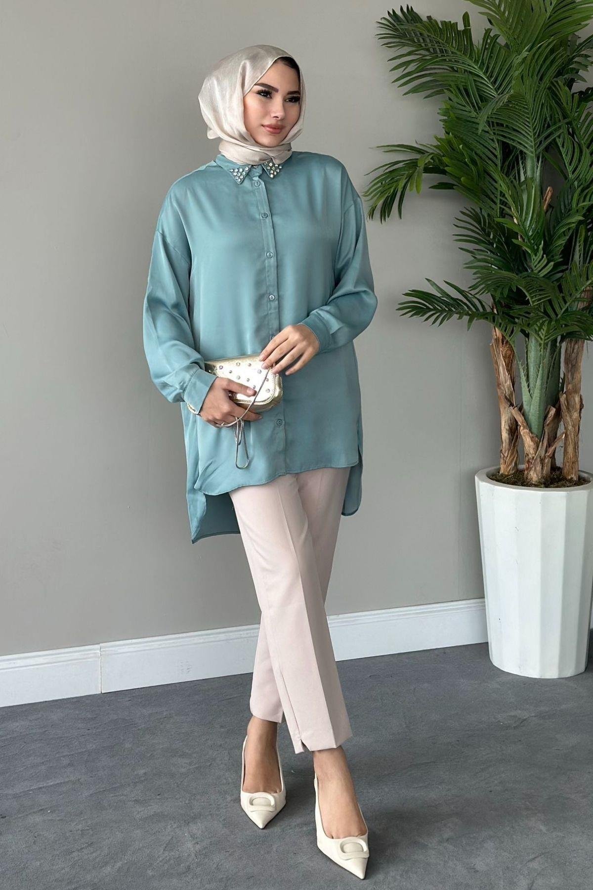 Taşlı Saten Gömlek Mint, Fiyatları 