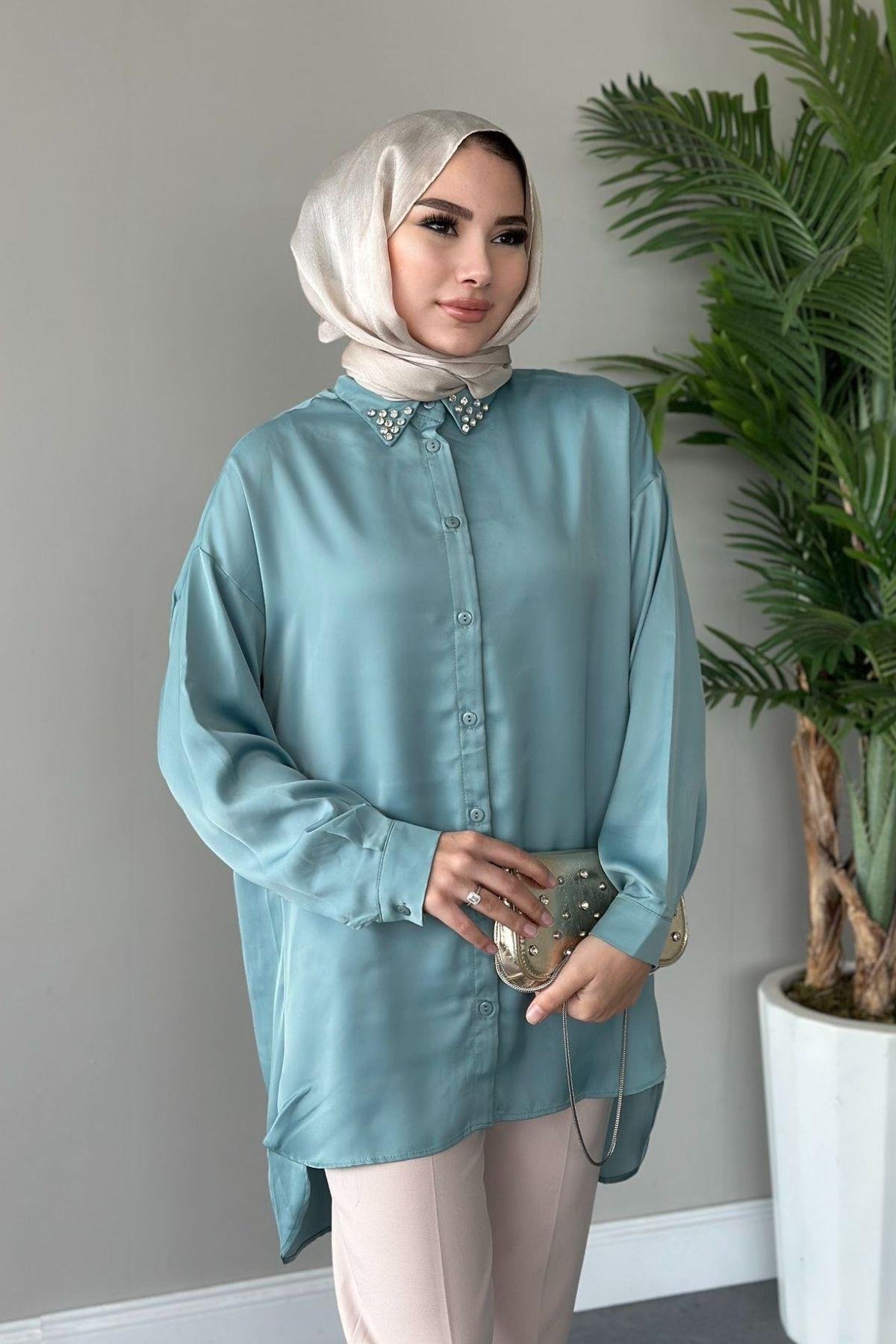 Taşlı Saten Gömlek Mint, Fiyatları 