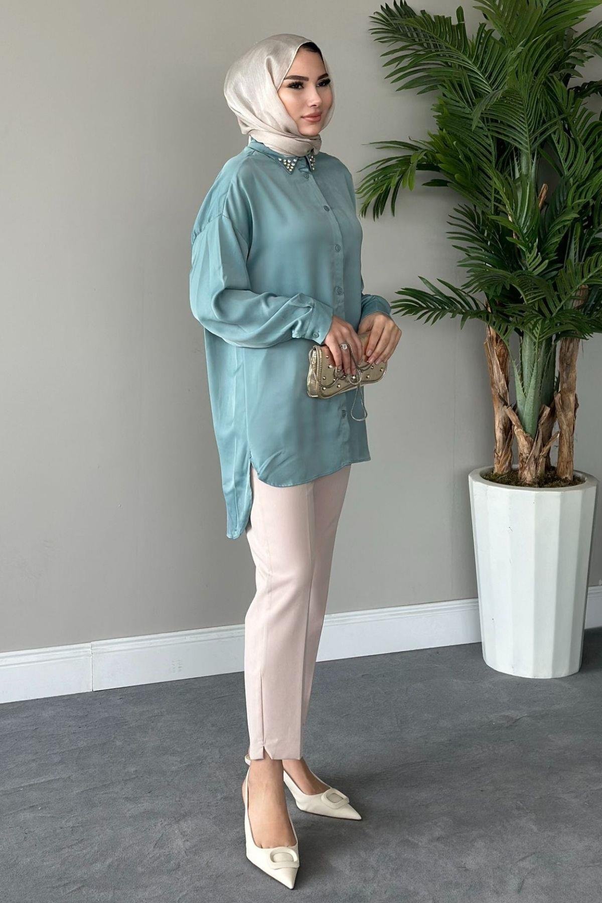 Taşlı Saten Gömlek Mint, Fiyatları 