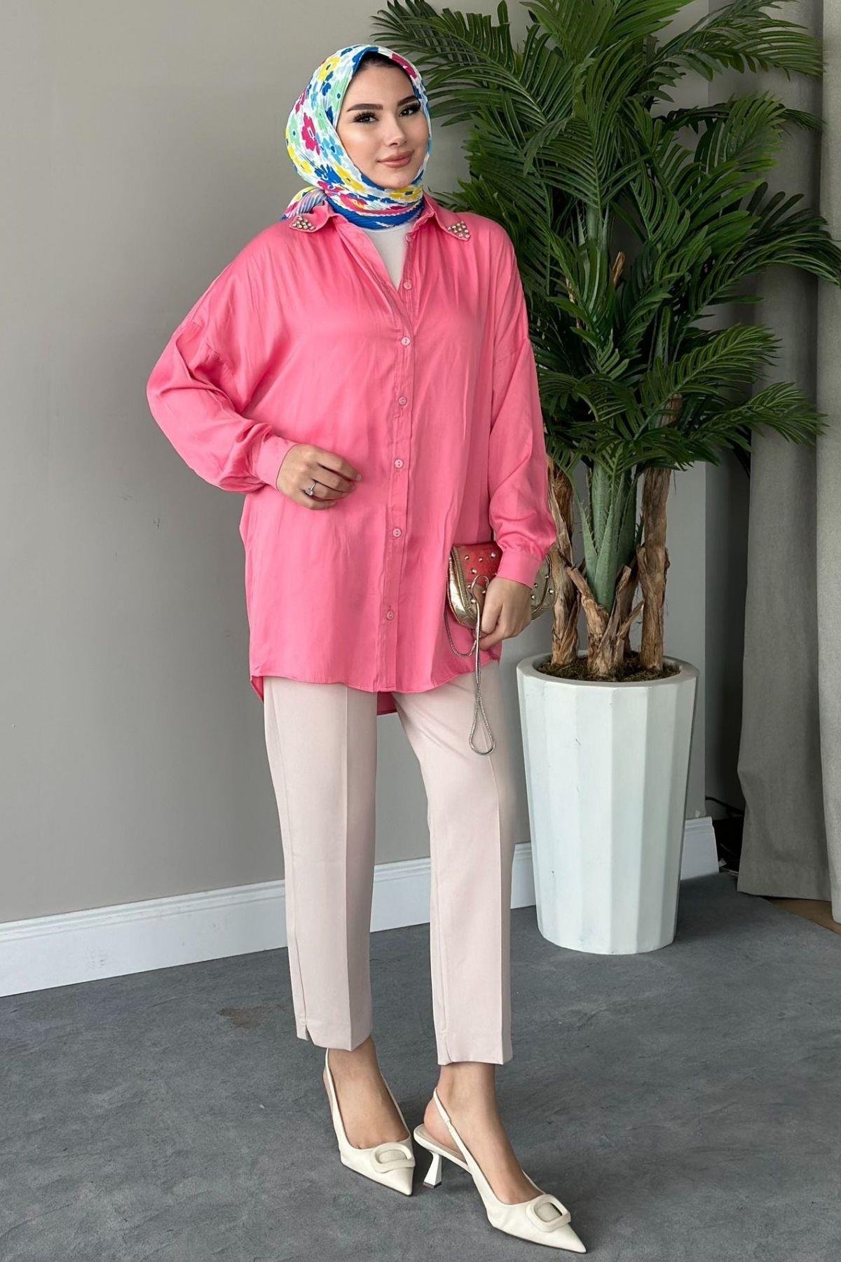 Taşlı Saten Gömlek Pudra, Fiyatları 