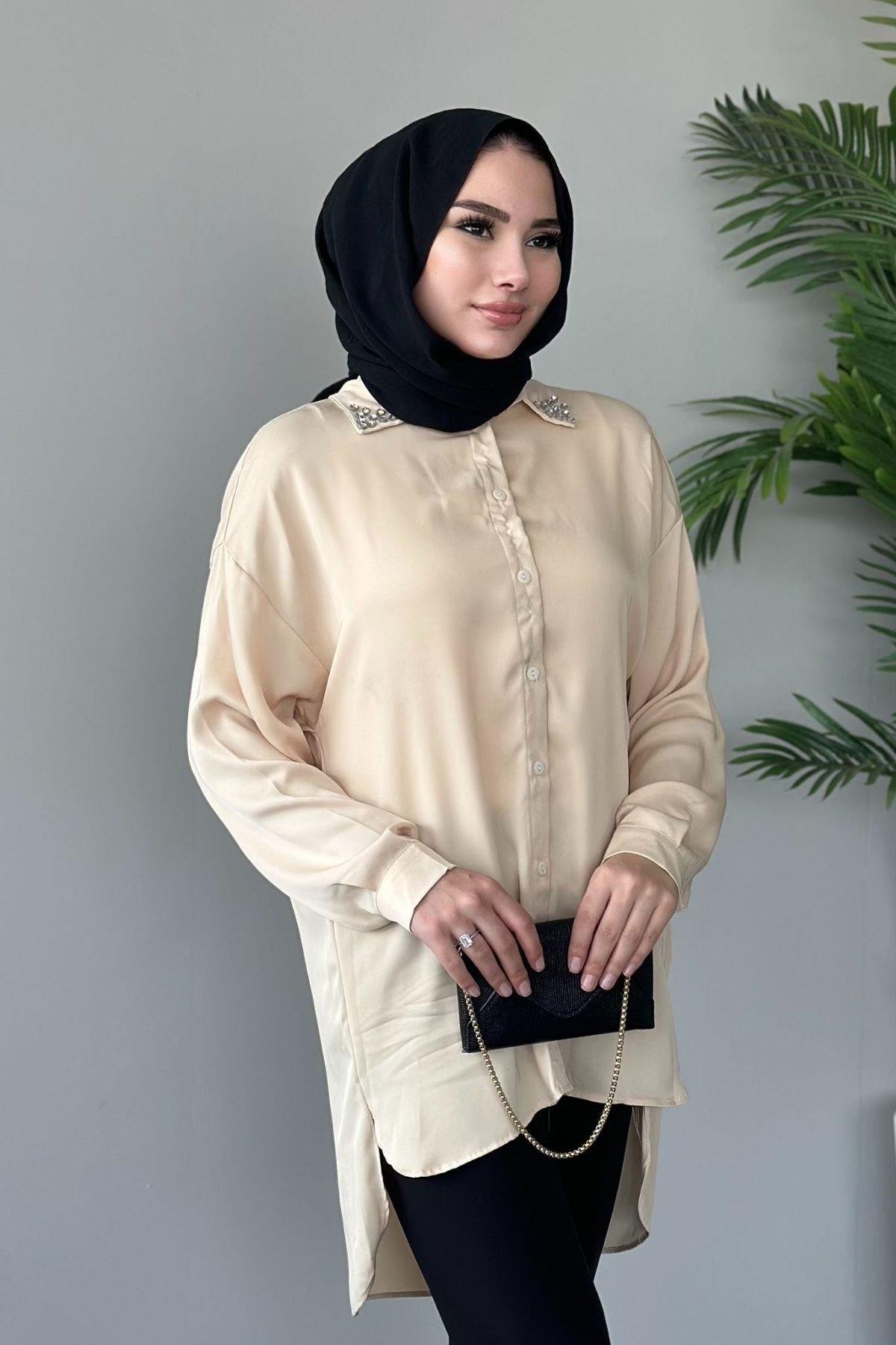 Taşlı Saten Gömlek Vizon, Fiyatları 