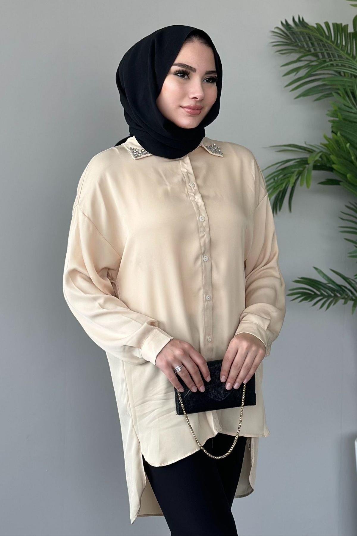 Taşlı Saten Gömlek Vizon, Fiyatları 