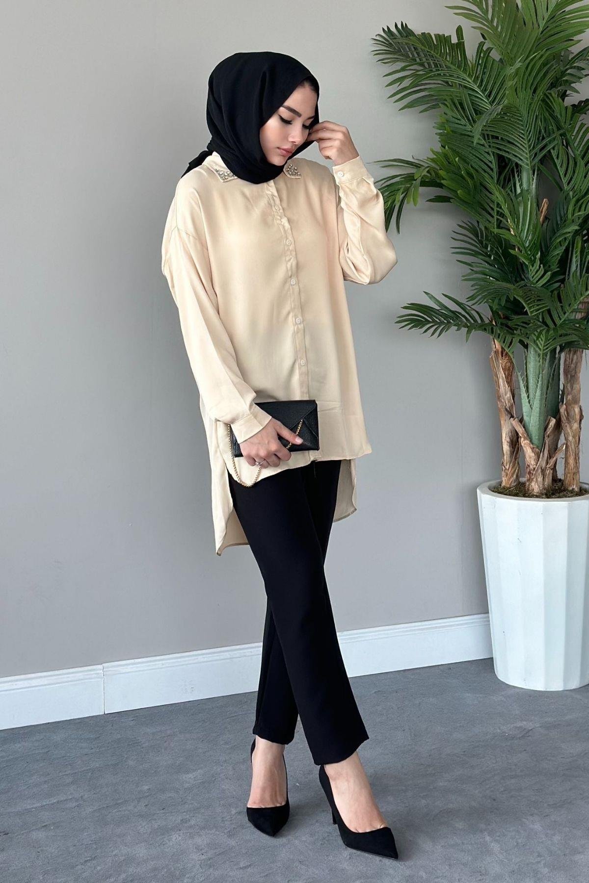 Taşlı Saten Gömlek Vizon, Fiyatları 