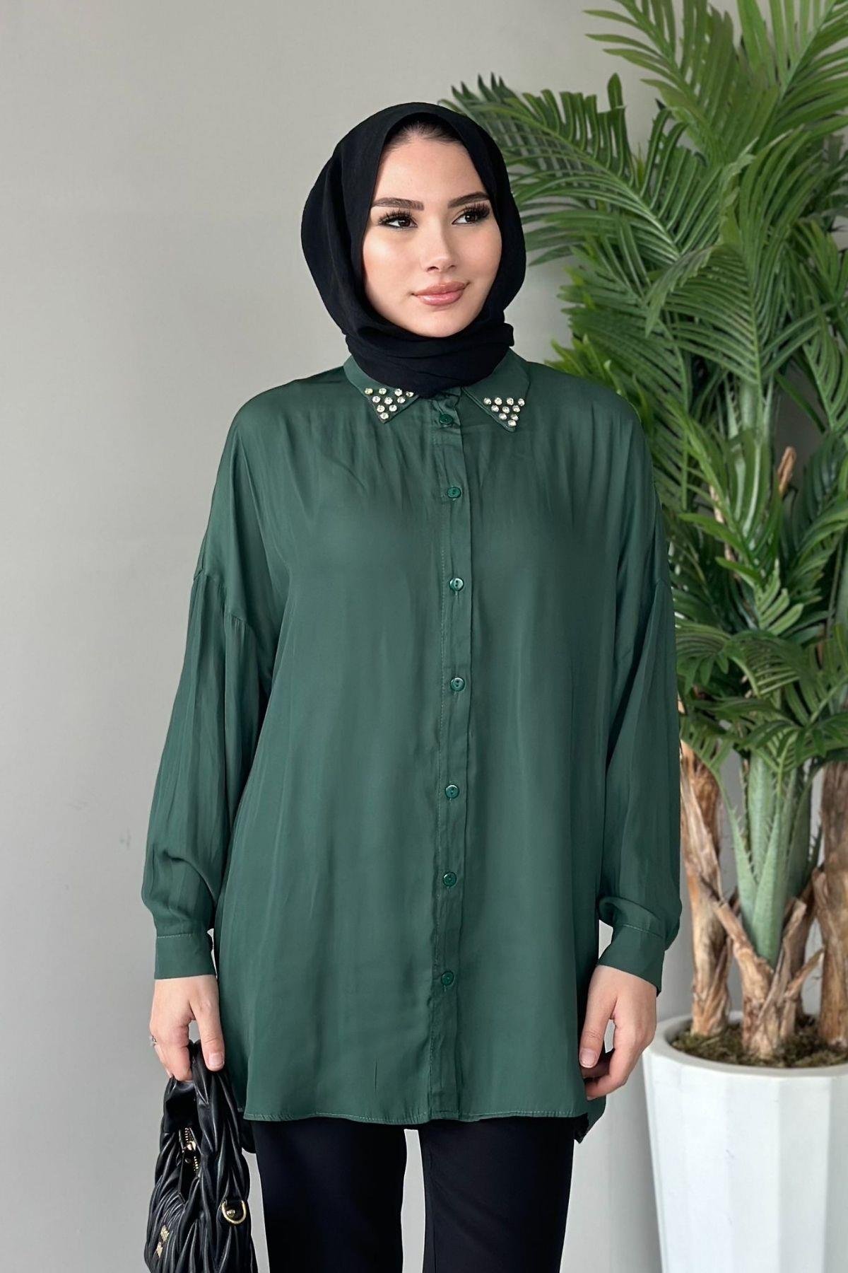 Taşlı Saten Gömlek Zümrüt, Fiyatları 