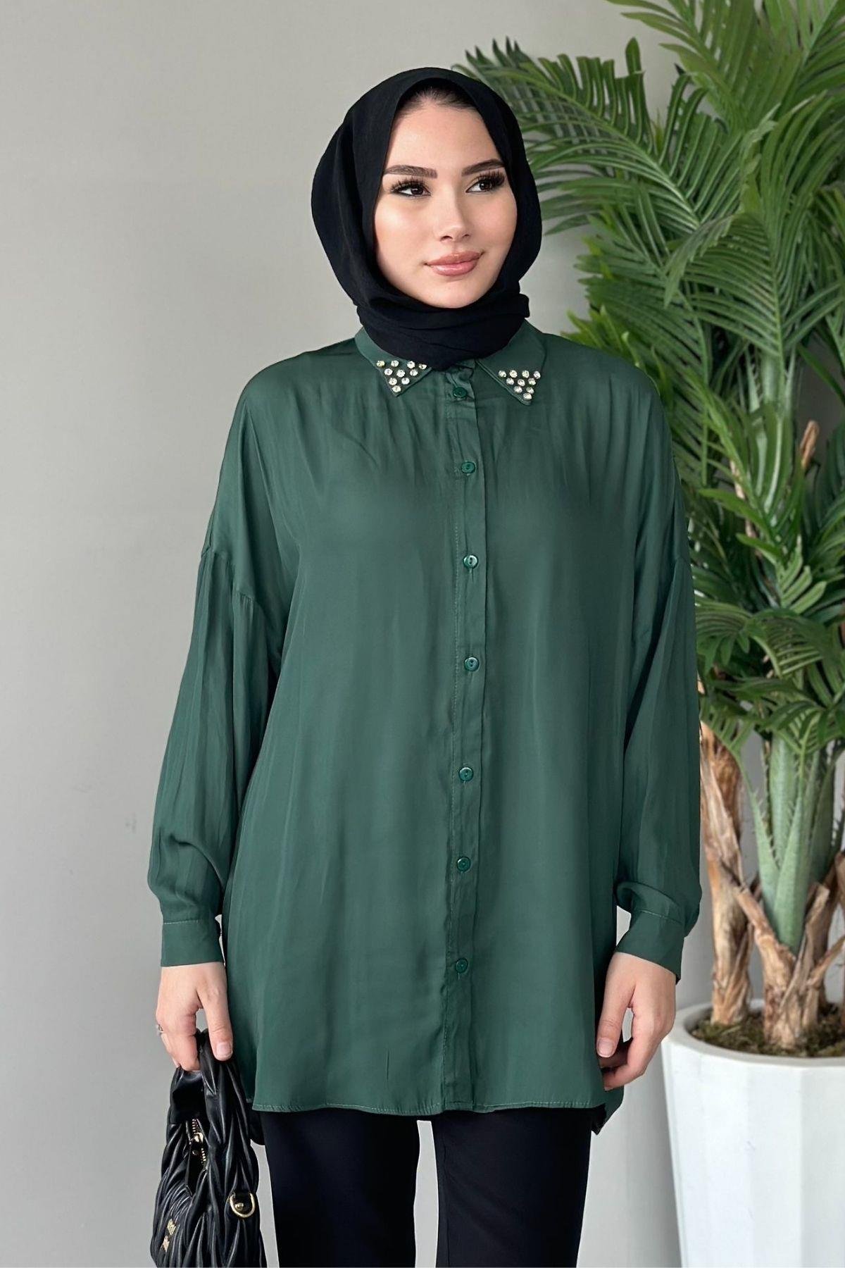 Taşlı Saten Gömlek Zümrüt, Fiyatları 