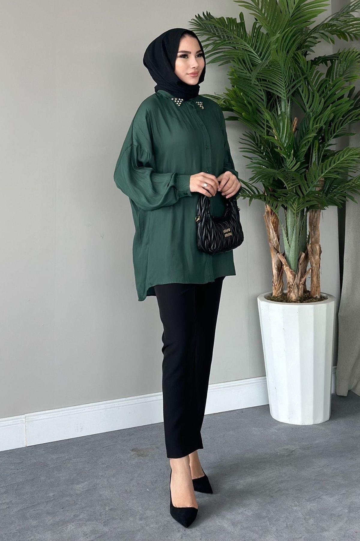 Taşlı Saten Gömlek Zümrüt, Fiyatları 