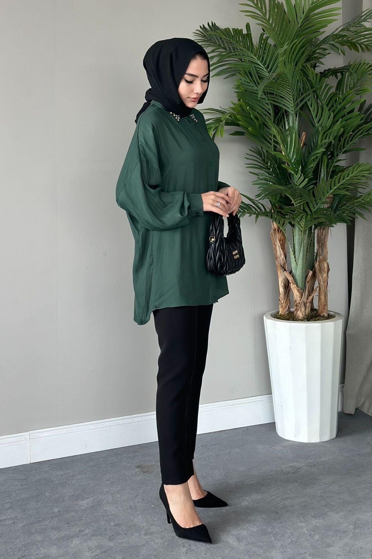 Taşlı Saten Gömlek Zümrüt, Fiyatları 