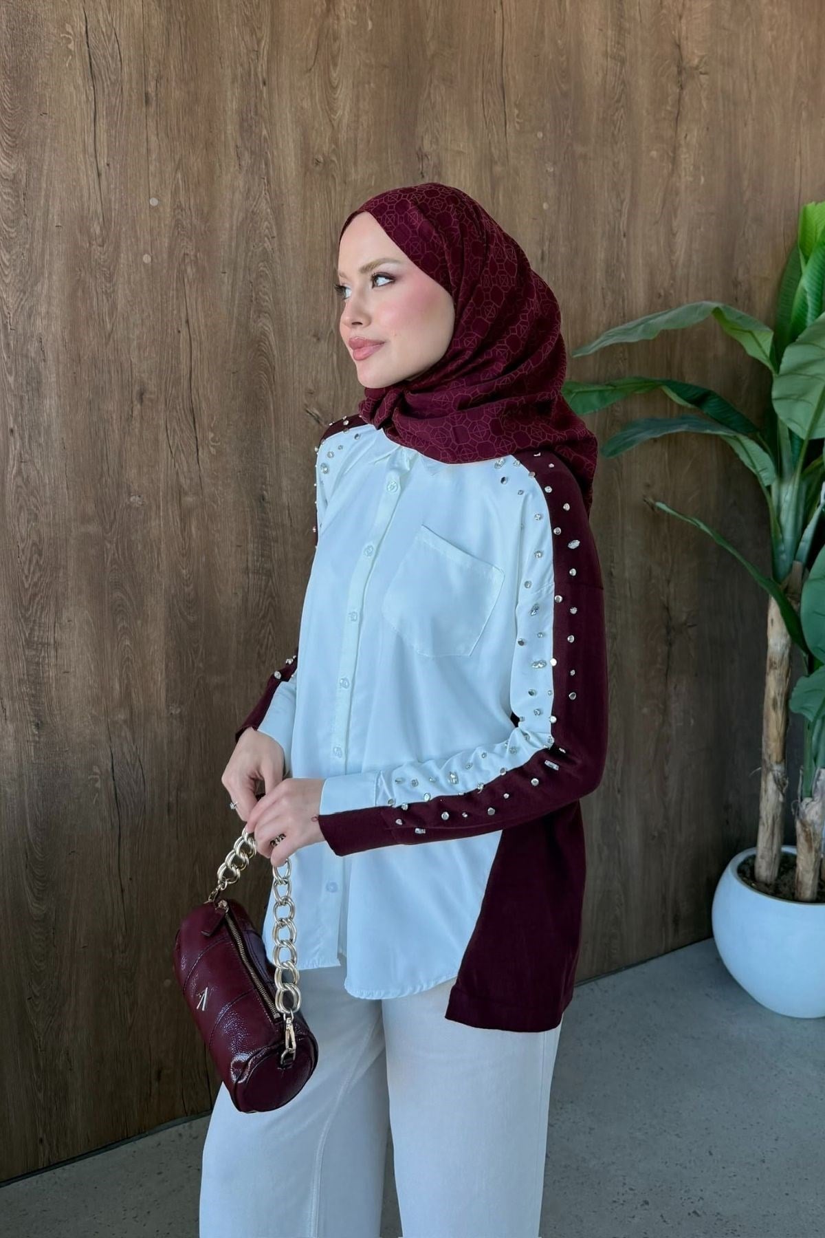 Taşlı Triko Detay Gömlek Bordo, Fiyatları 