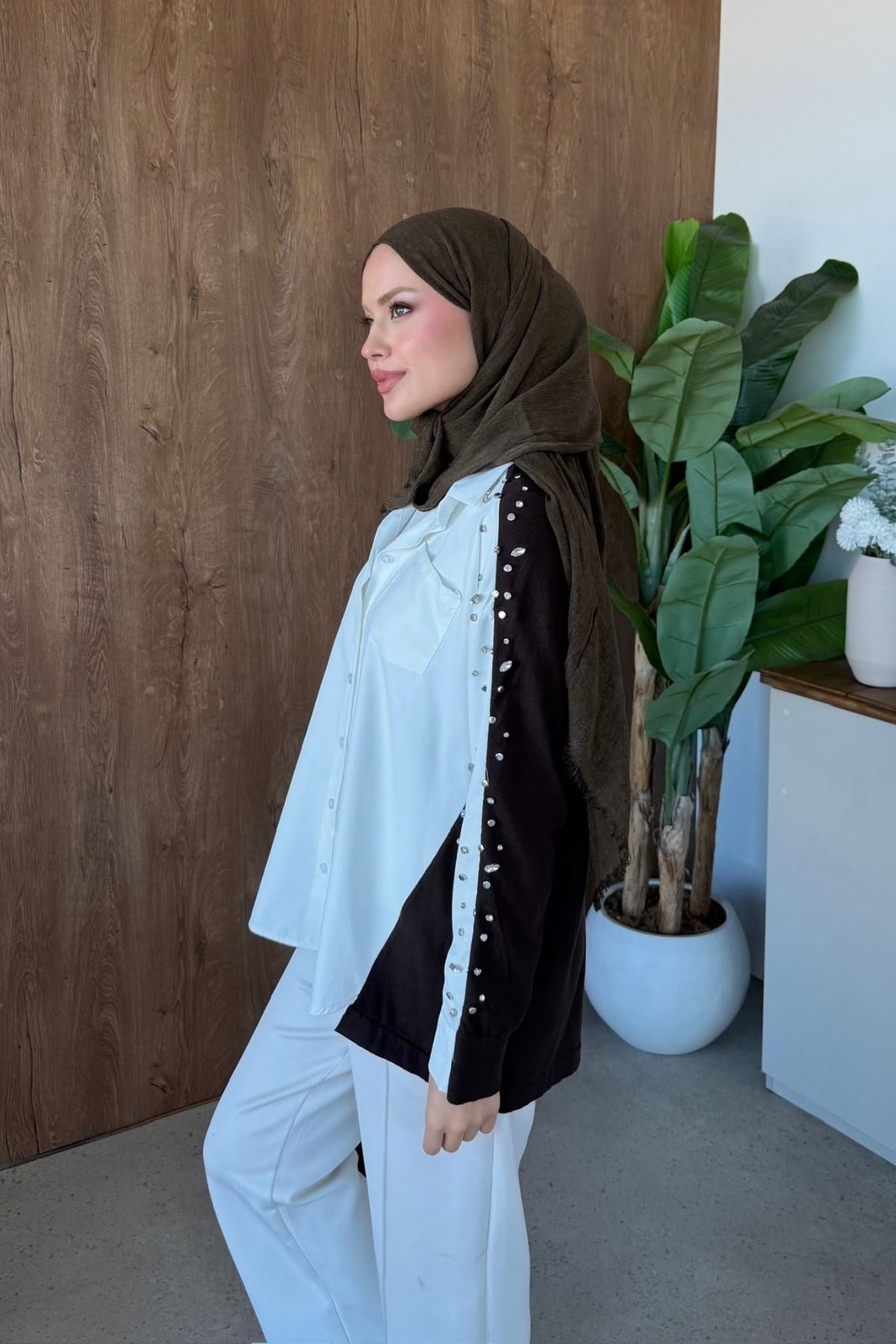 Taşlı Triko Detay Gömlek Kahverengi, Fiyatları 