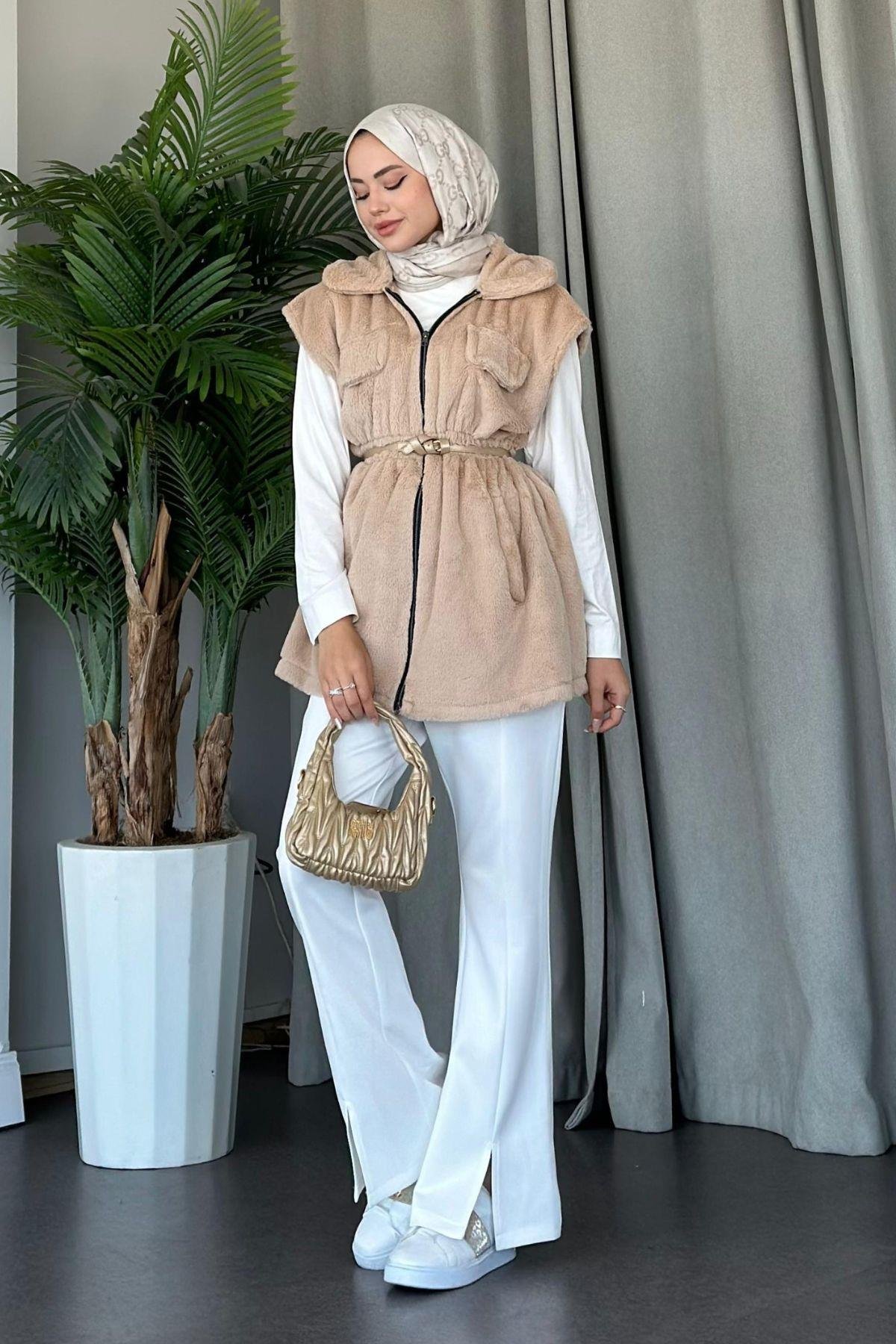 Teddy Yelek Bej, Fiyatları Haza Moda | Tesettür Giyim | Teddy Yelek Bej