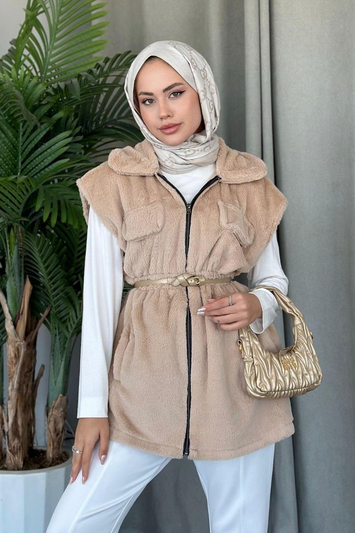 Teddy Yelek Bej, Fiyatları Haza Moda | Tesettür Giyim | Teddy Yelek Bej
