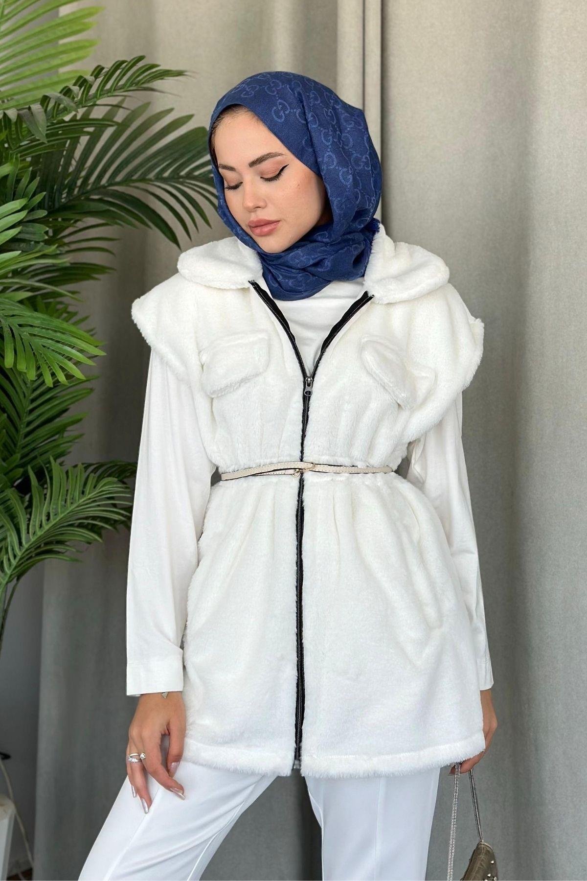 Teddy Yelek Beyaz, Fiyatları Haza Moda | Tesettür Giyim | Teddy Yelek Beyaz