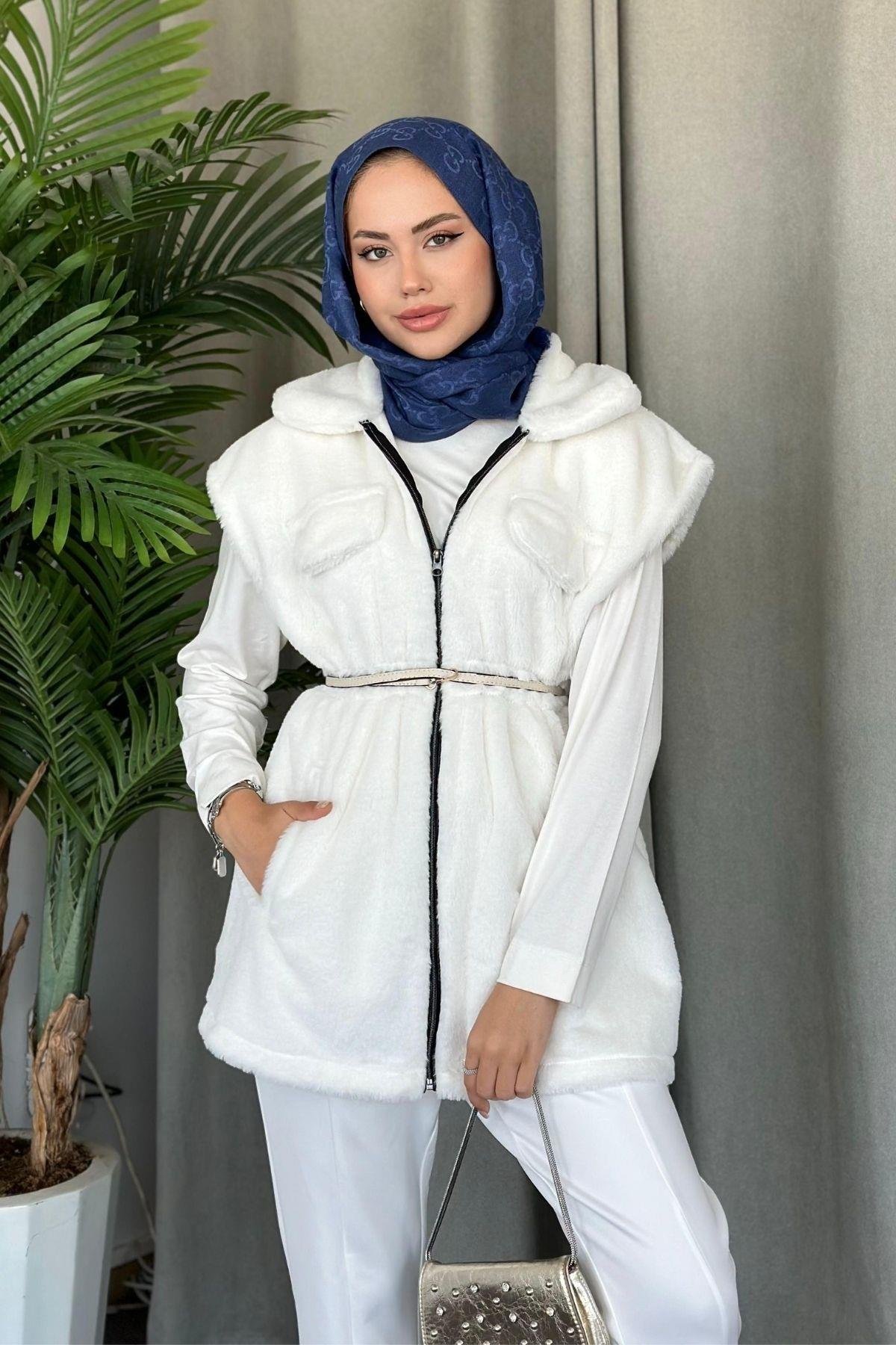 Teddy Yelek Beyaz, Fiyatları Haza Moda | Tesettür Giyim | Teddy Yelek Beyaz