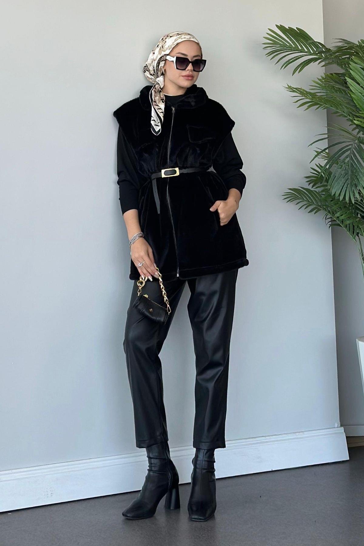 Teddy Yelek Siyah, Fiyatları Haza Moda | Tesettür Giyim | Teddy Yelek Siyah