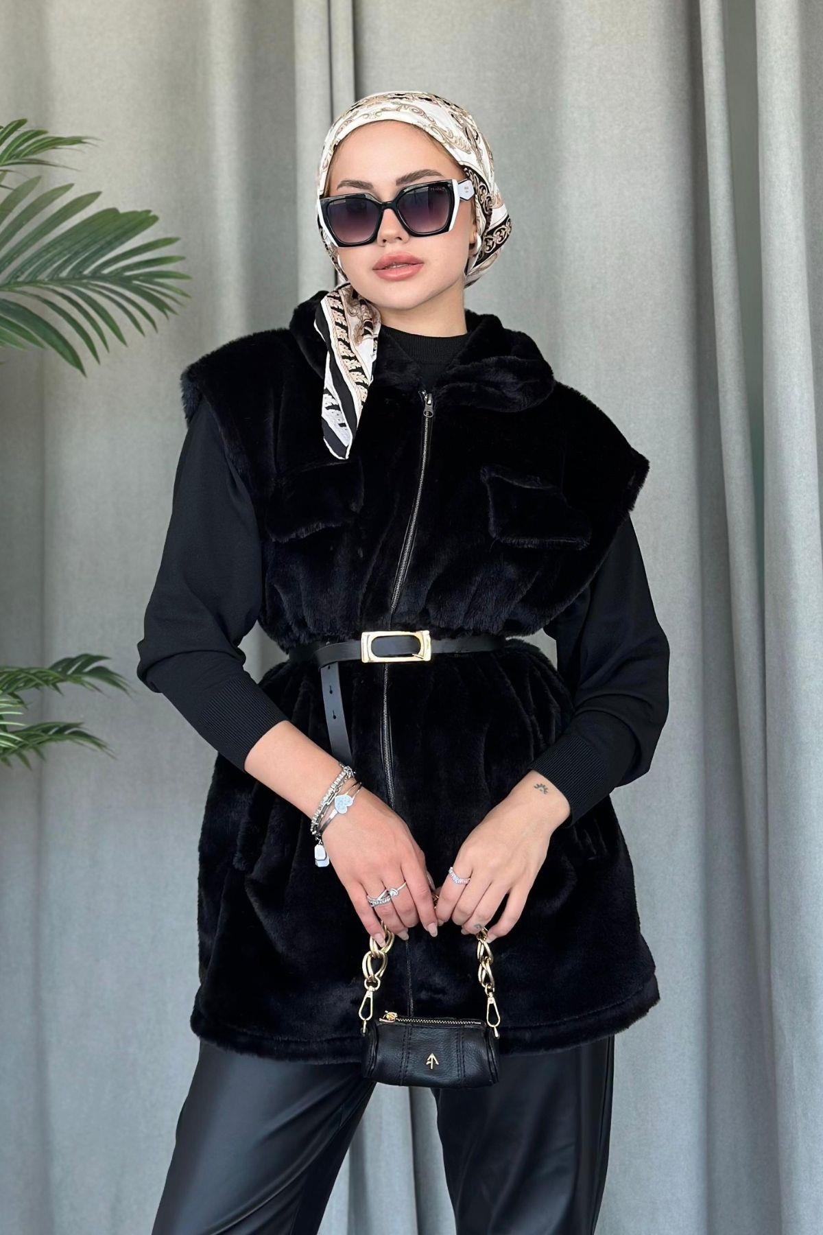 Teddy Yelek Siyah, Fiyatları Haza Moda | Tesettür Giyim | Teddy Yelek Siyah