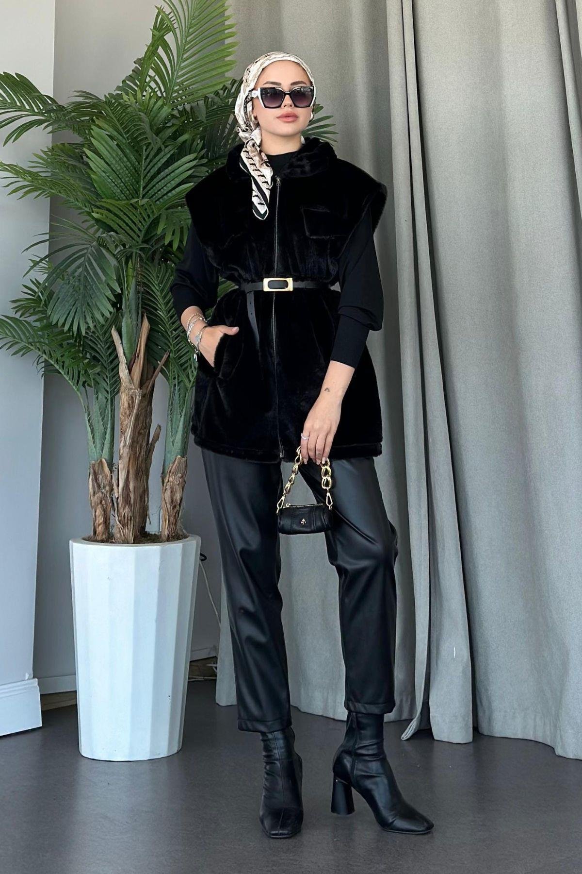 Teddy Yelek Siyah, Fiyatları Haza Moda | Tesettür Giyim | Teddy Yelek Siyah