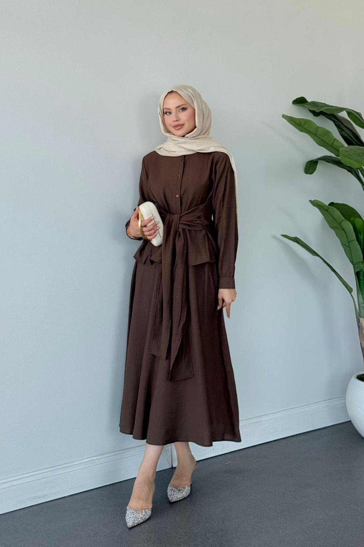 Tiny Bağlamalı Etekli Takım KAHVE, Fiyatları Tiny Bağlamalı Etekli Takım KAHVE- Haza Moda 