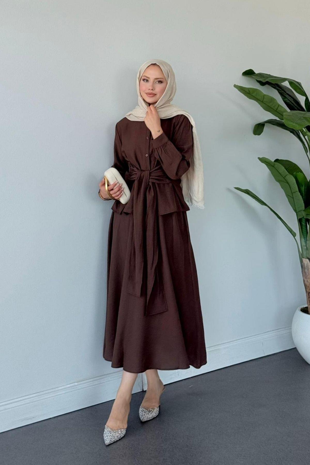 Tiny Bağlamalı Etekli Takım KAHVE, Fiyatları Tiny Bağlamalı Etekli Takım KAHVE- Haza Moda 