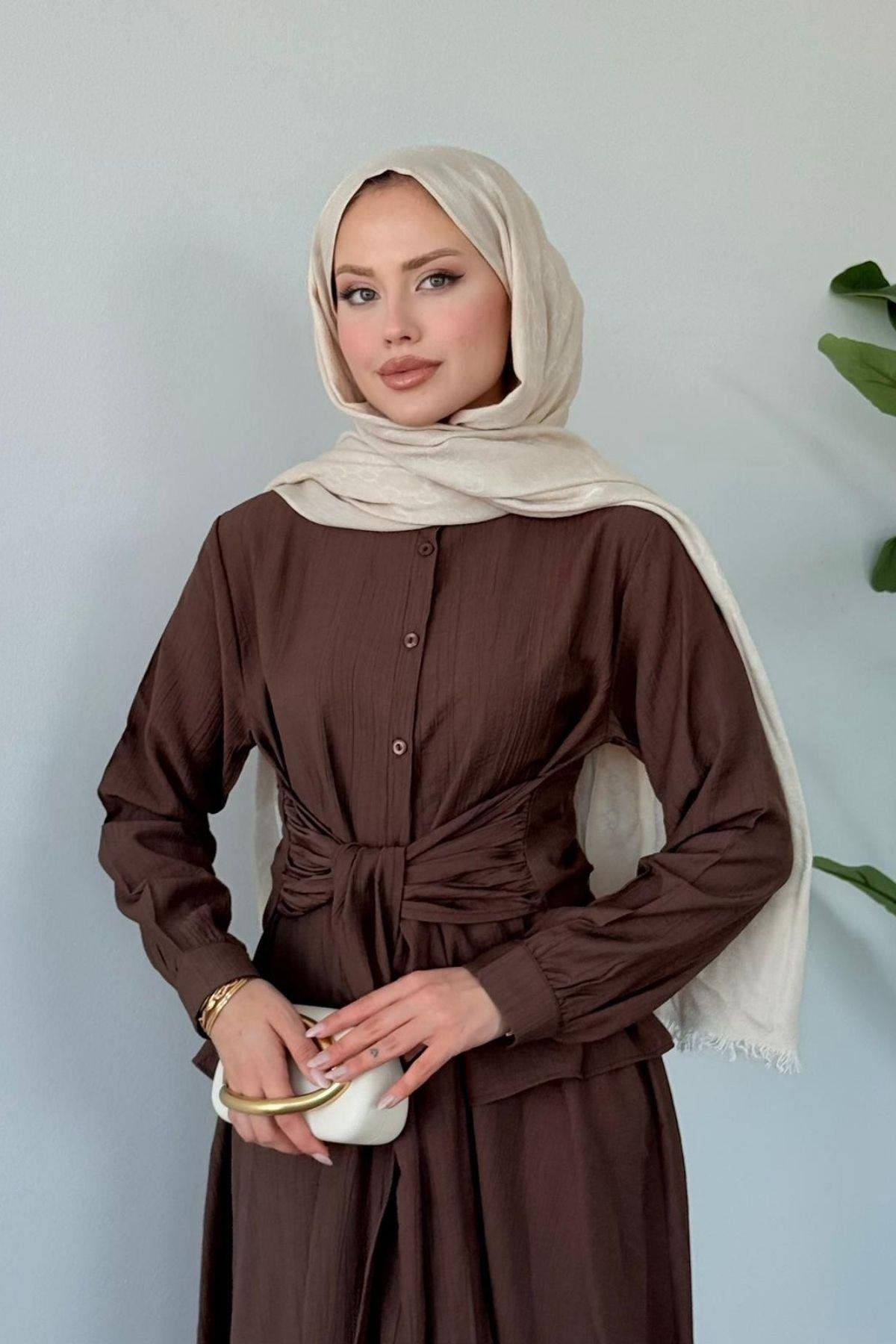 Tiny Bağlamalı Etekli Takım KAHVE, Fiyatları Tiny Bağlamalı Etekli Takım KAHVE- Haza Moda 