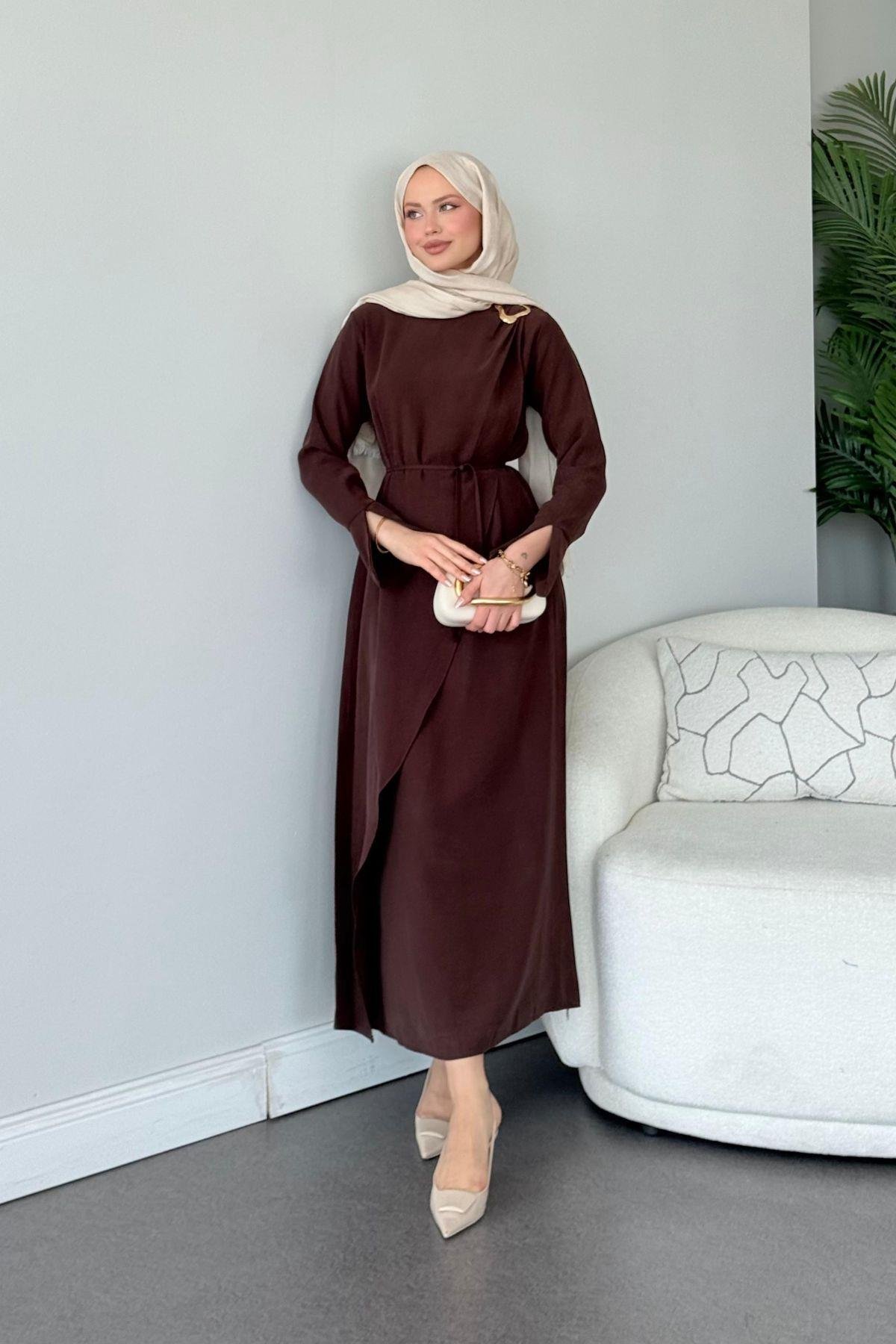 Tokalı Model Elbise Kahve, Fiyatları Tokalı Model Elbise Kahve- Haza Moda