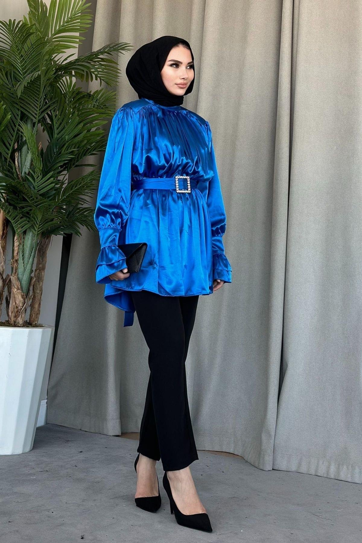 Tokalı Saten Tunik Mavi, Fiyatları Haza Moda | Tesettür Giyim | Tokalı Saten Tunik Mavi