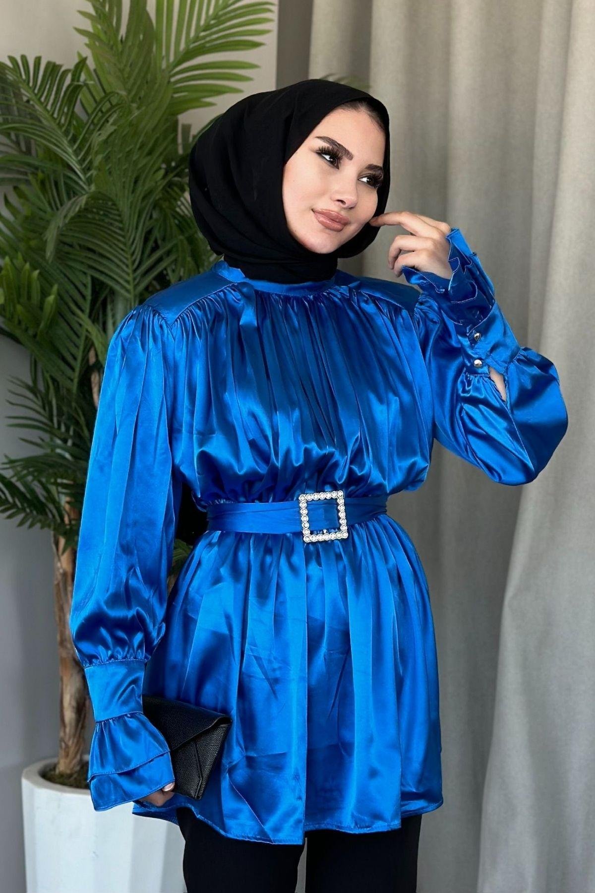 Tokalı Saten Tunik Mavi, Fiyatları Haza Moda | Tesettür Giyim | Tokalı Saten Tunik Mavi