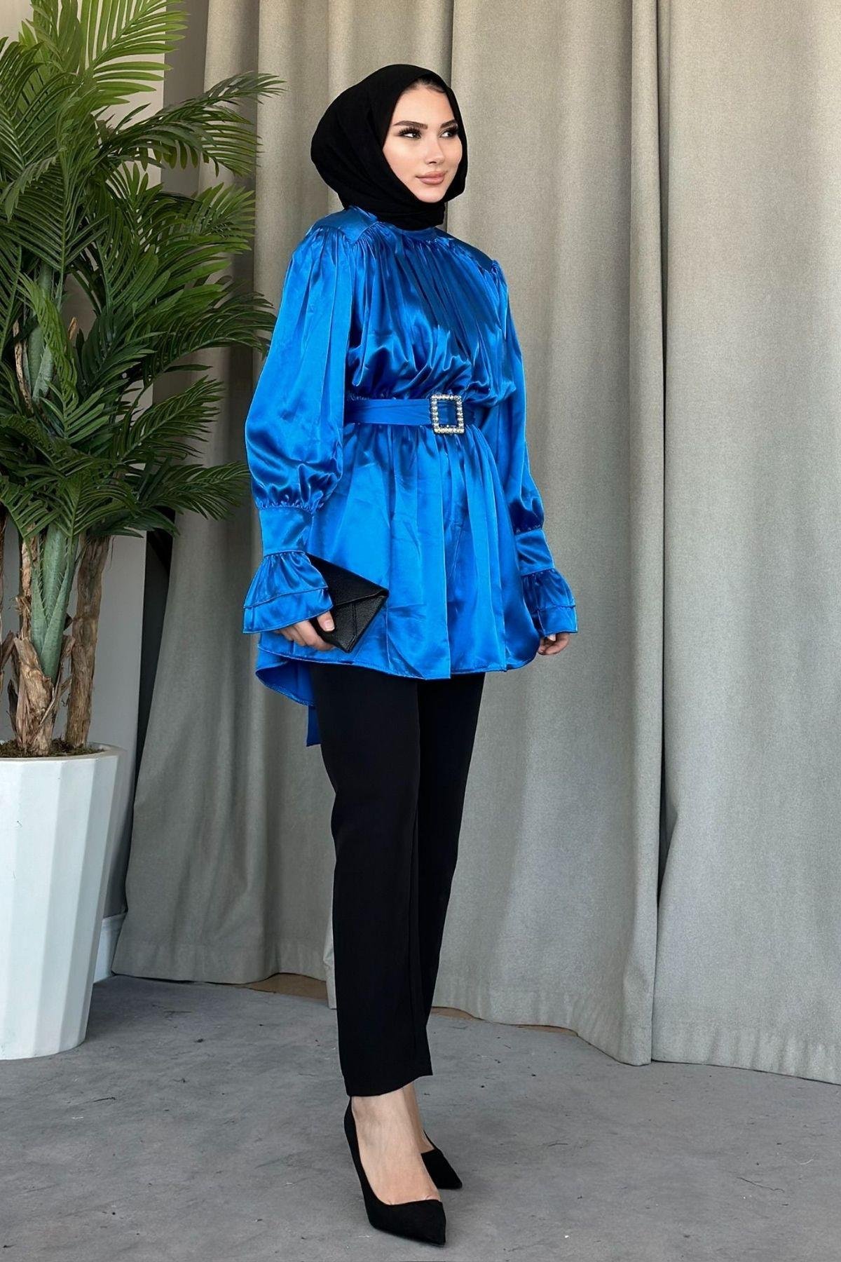 Tokalı Saten Tunik Mavi, Fiyatları Haza Moda | Tesettür Giyim | Tokalı Saten Tunik Mavi