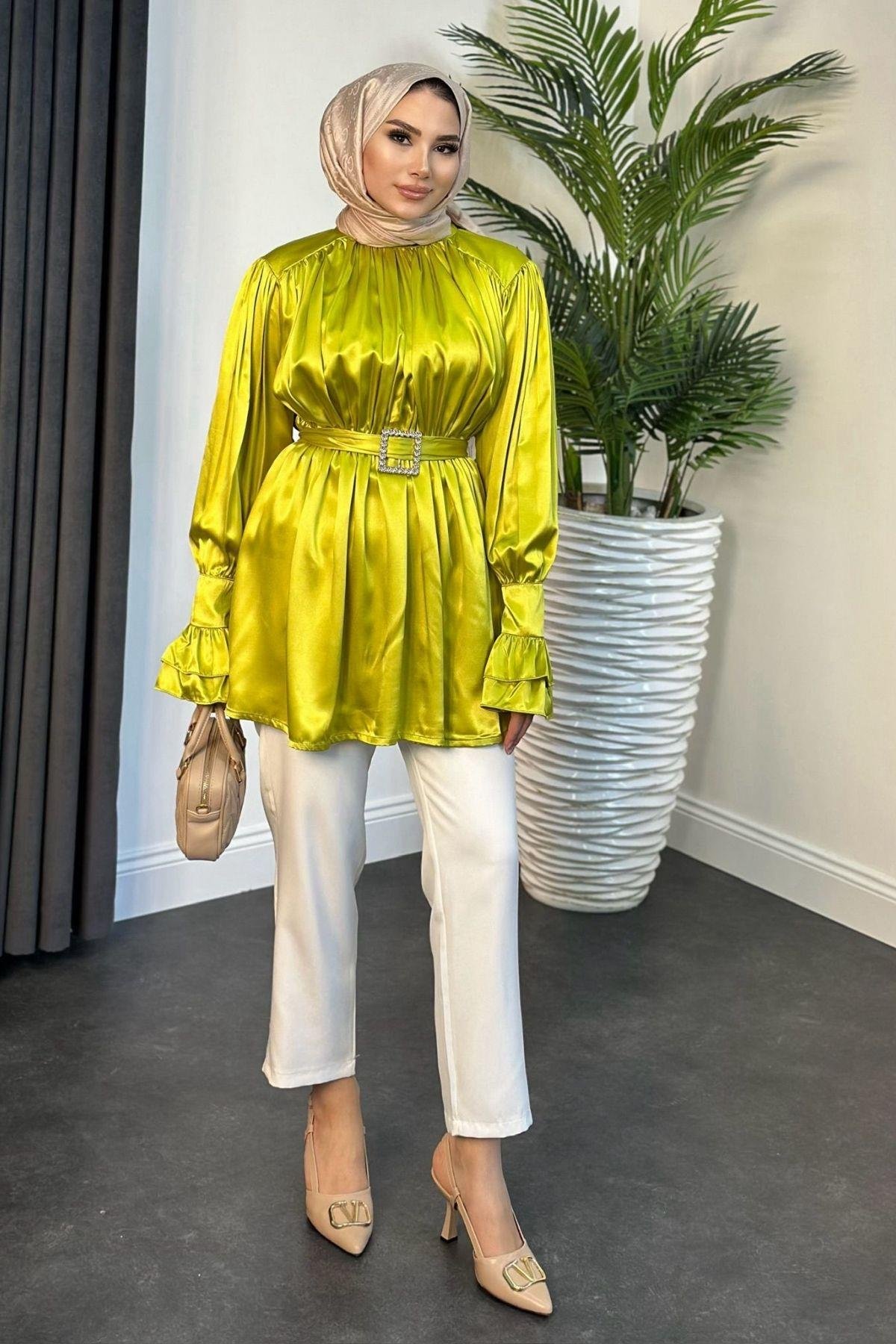 Tokalı Saten Tunik Yağyeşili, Fiyatları 