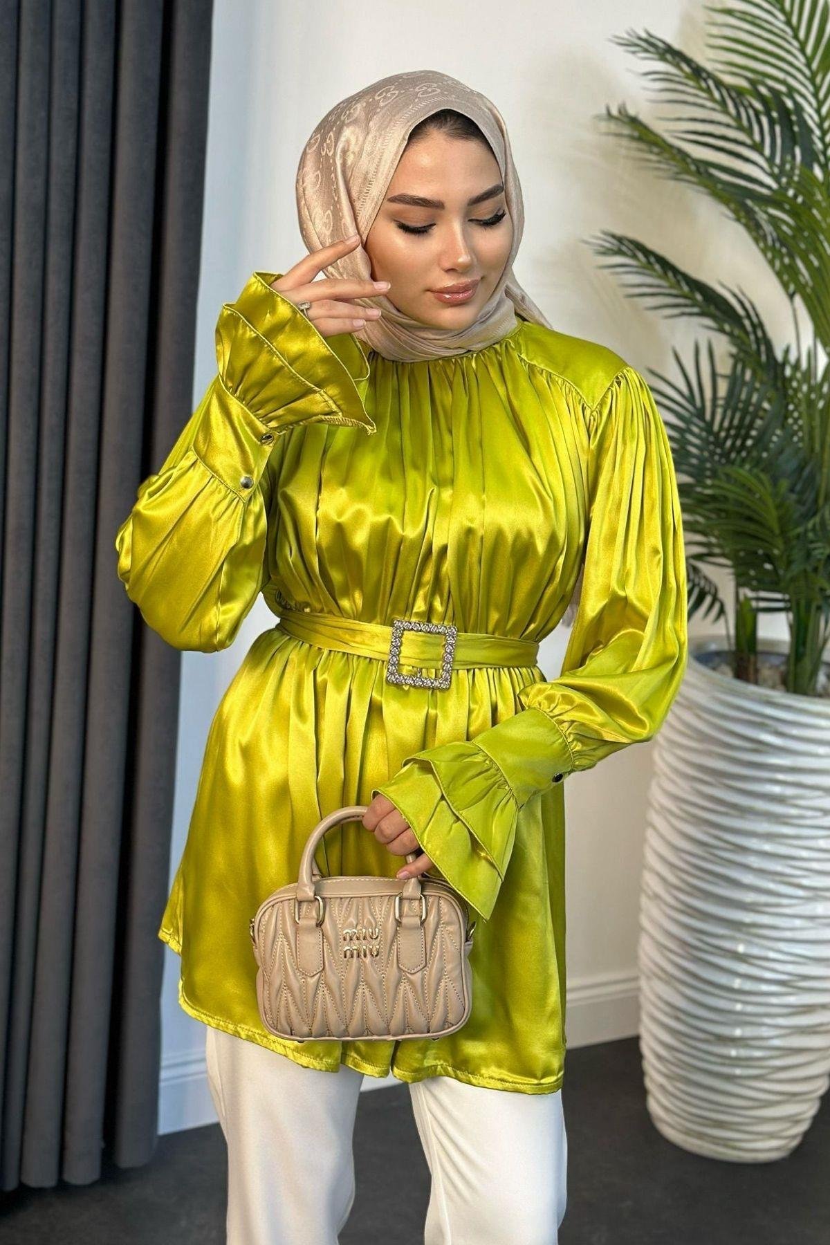 Tokalı Saten Tunik Yağyeşili, Fiyatları 