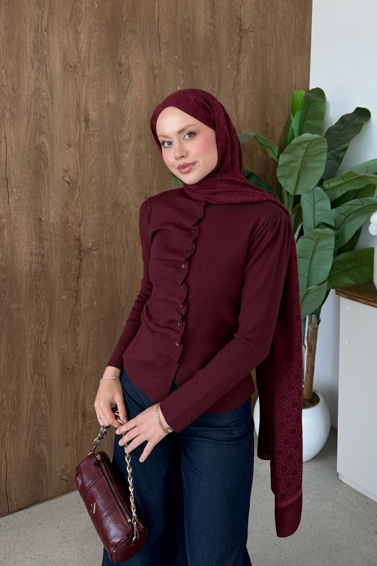 Turkuaz Büzgülü Düğmeli Hırka Bordo, Fiyatları 