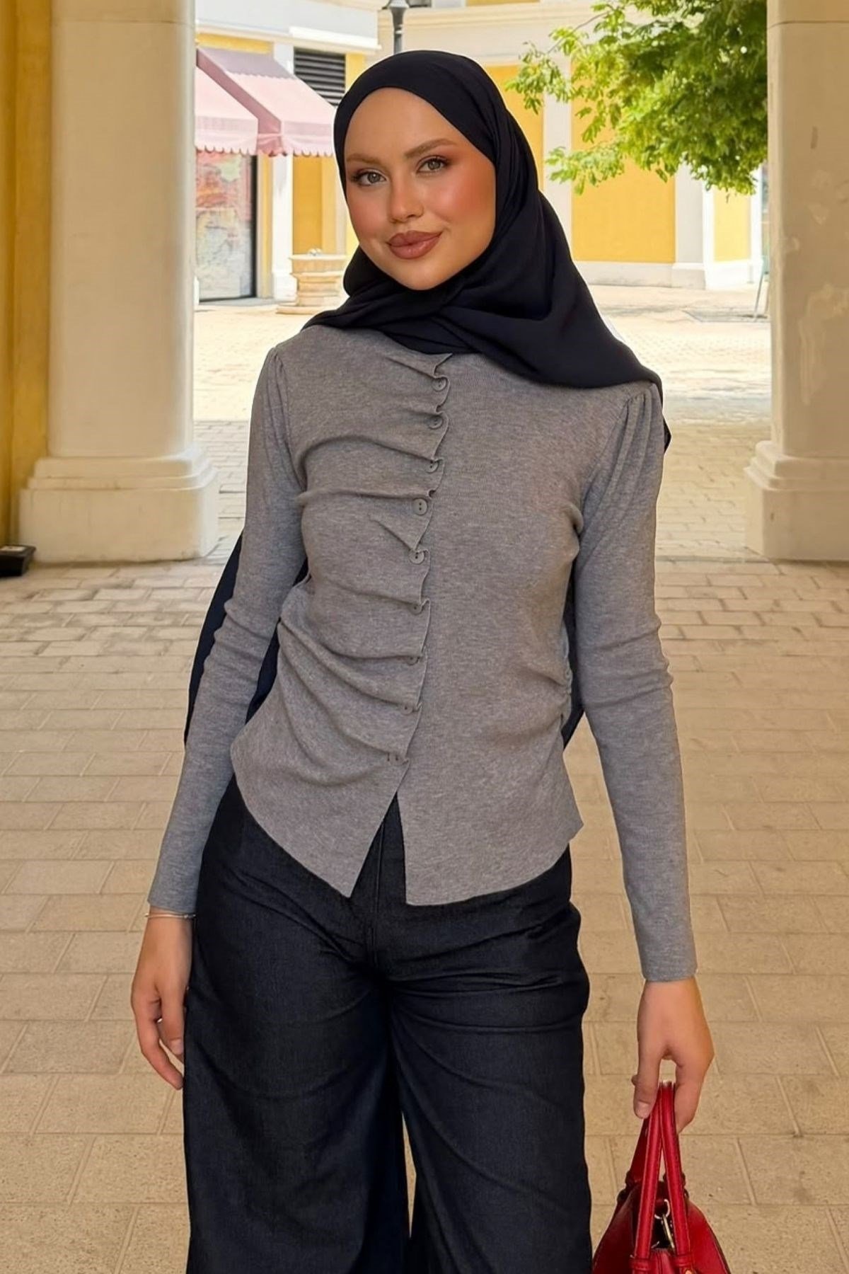 Turkuaz Büzgülü Düğmeli Hırka Gri, Fiyatları 