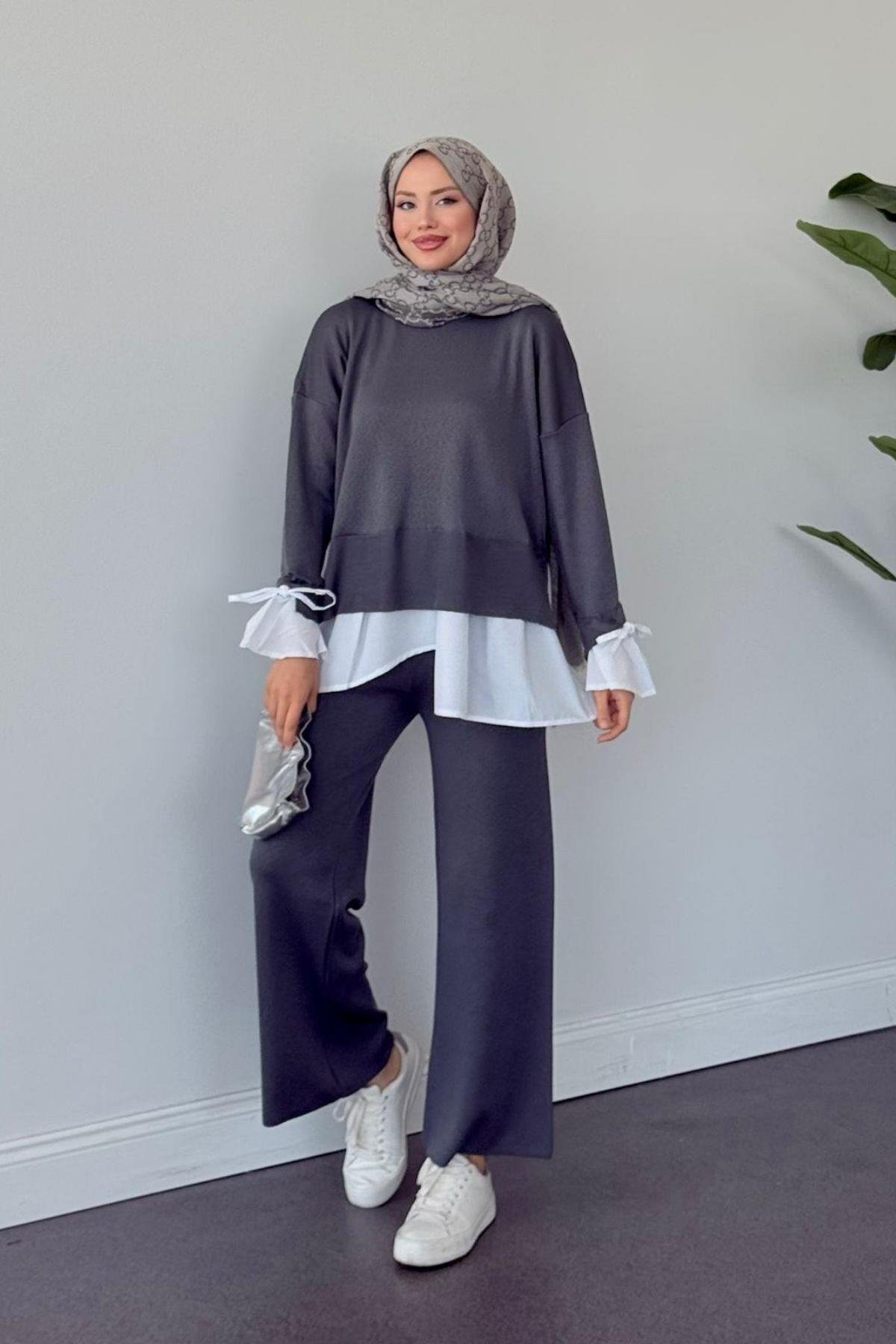 Turuva Gömlek Detaylı Triko Takım Füme, Fiyatları Turuva Gömlek Detaylı Triko Takım Füme- Haza Moda 