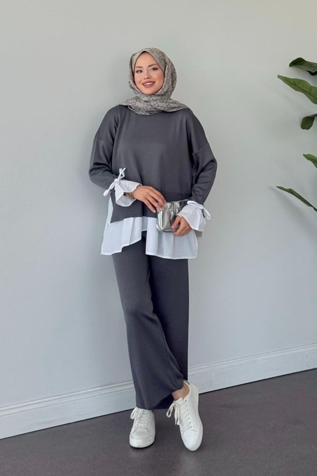 Turuva Gömlek Detaylı Triko Takım Füme, Fiyatları Turuva Gömlek Detaylı Triko Takım Füme- Haza Moda 