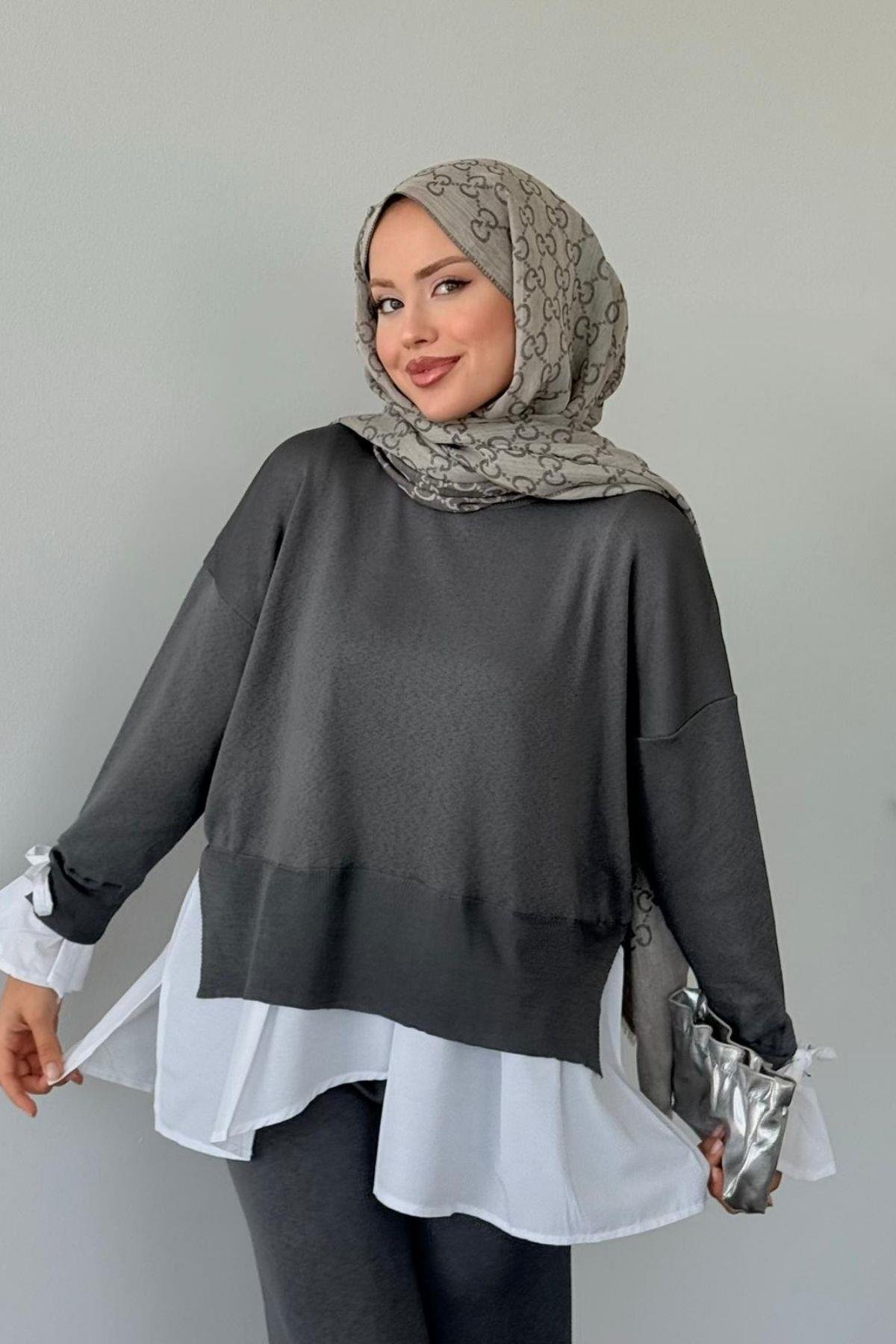 Turuva Gömlek Detaylı Triko Takım Füme, Fiyatları Turuva Gömlek Detaylı Triko Takım Füme- Haza Moda 