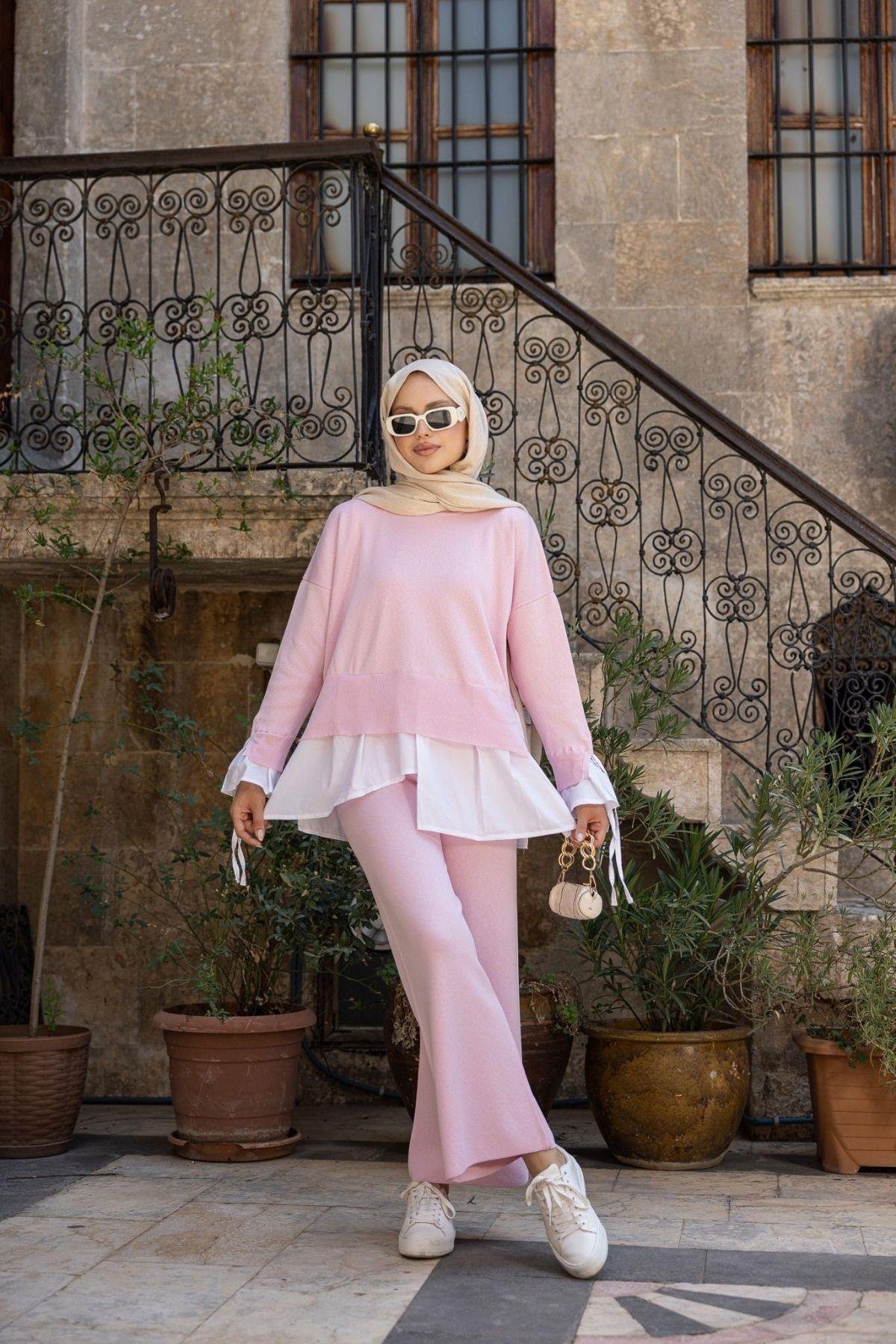 Turuva Gömlek Detaylı Triko Takım Pembe, Fiyatları Turuva Gömlek Detaylı Triko Takım Pembe- Haza Moda 