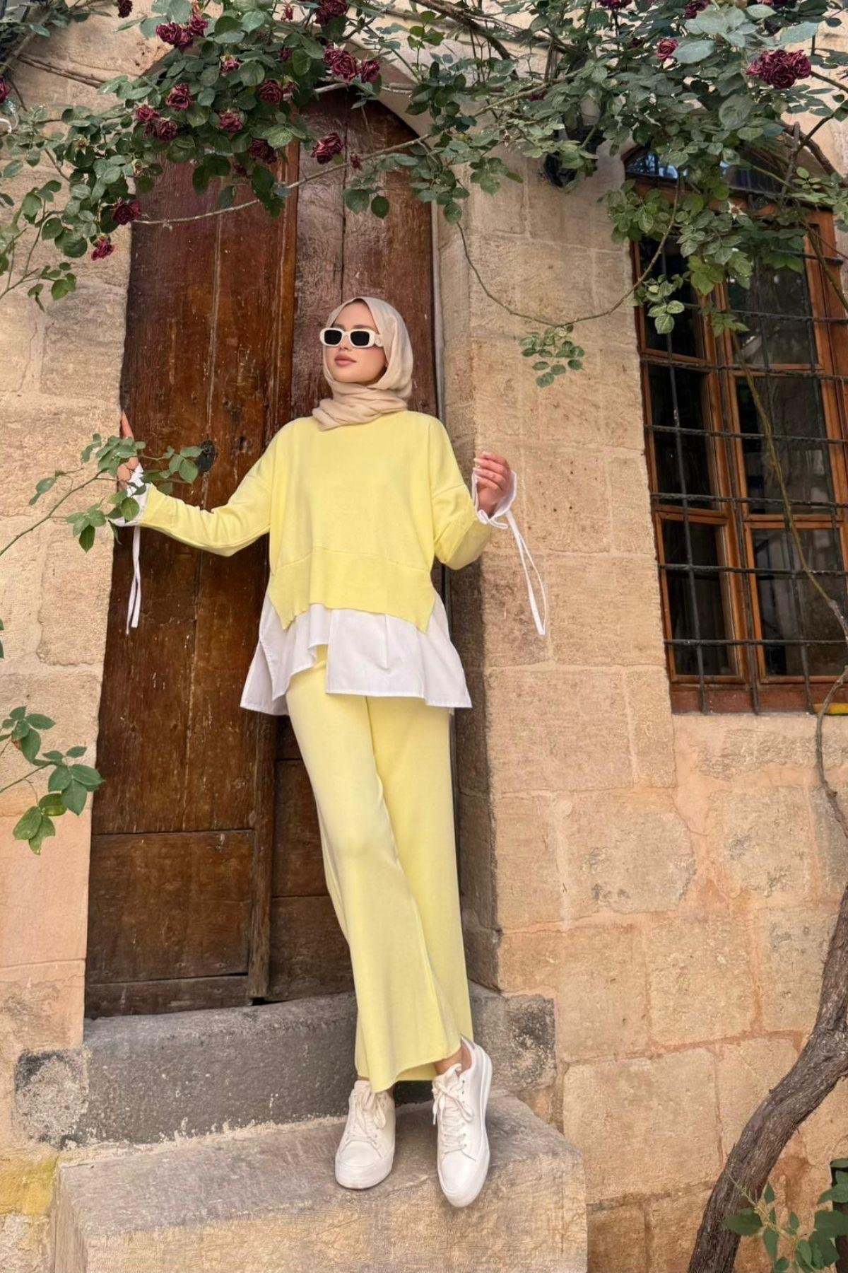 Turuva Gömlek Detaylı Triko Takım Sarı, Fiyatları Turuva Gömlek Detaylı Triko Takım Sarı - Haza Moda 