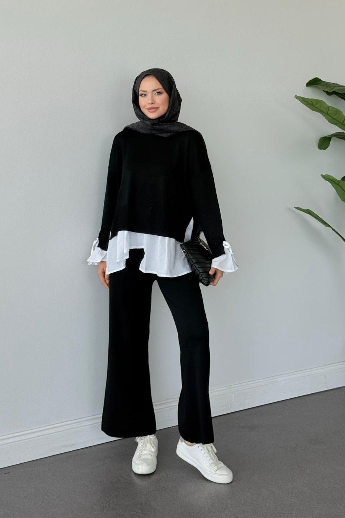 Turuva Gömlek Detaylı Triko Takım Siyah, Fiyatları Turuva Gömlek Detaylı Triko Takım Siyah- Haza Moda 