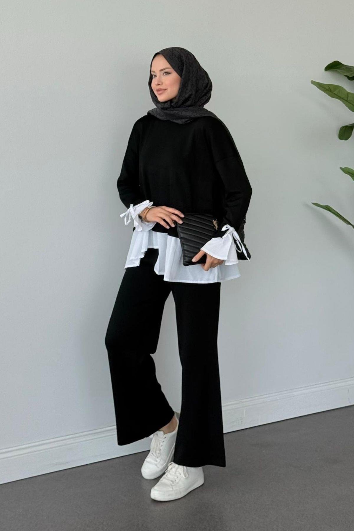 Turuva Gömlek Detaylı Triko Takım Siyah, Fiyatları Turuva Gömlek Detaylı Triko Takım Siyah- Haza Moda 