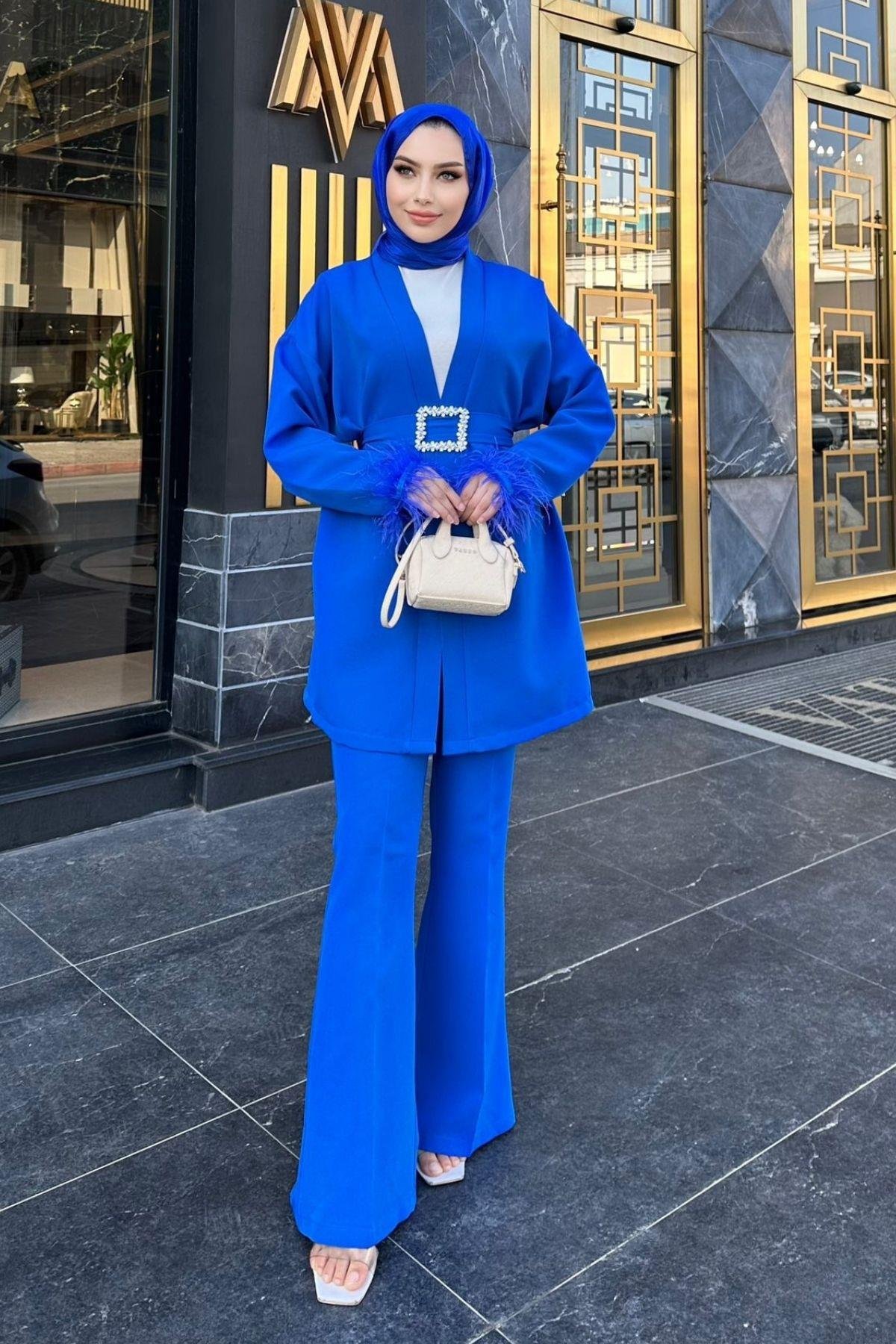 Tüylü Kimonolu Takım Saks, Fiyatları Tüylü Kimonolu Takım Saks – Haza Moda | Tesettür Giyim