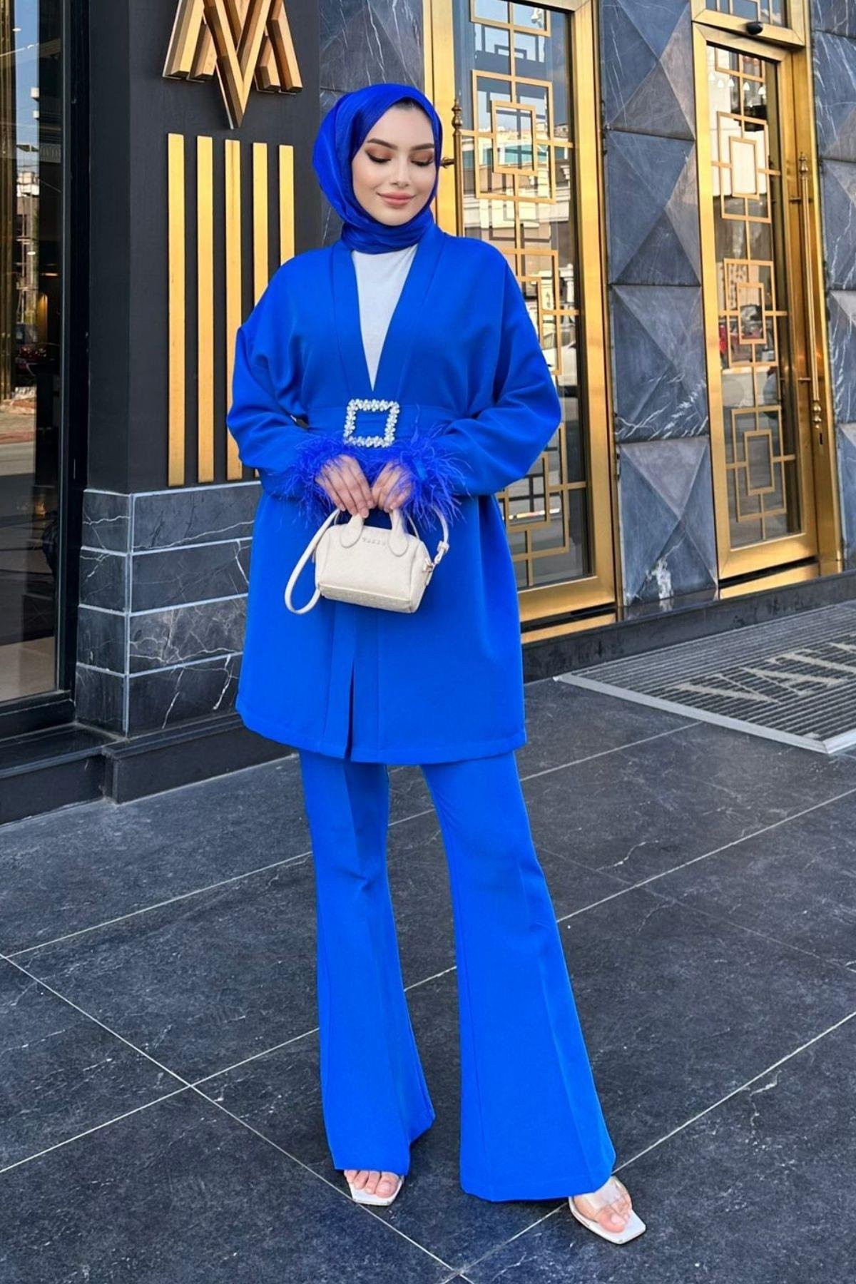 Tüylü Kimonolu Takım Saks, Fiyatları Tüylü Kimonolu Takım Saks – Haza Moda | Tesettür Giyim