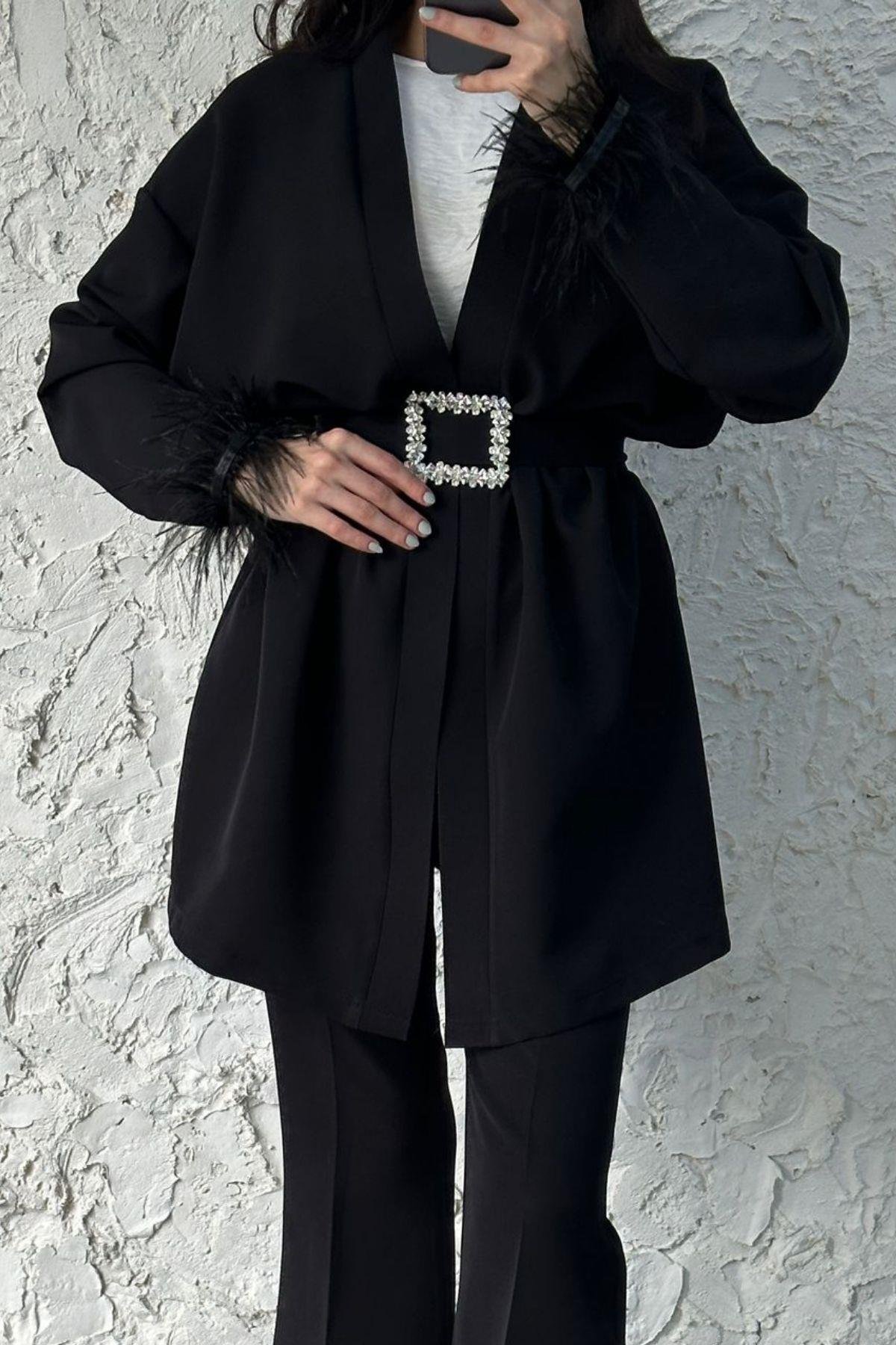 Tüylü Kimonolu Takım Siyah, Fiyatları Tüylü Kimonolu Takım Siyah – Haza Moda | Tesettür Giyim