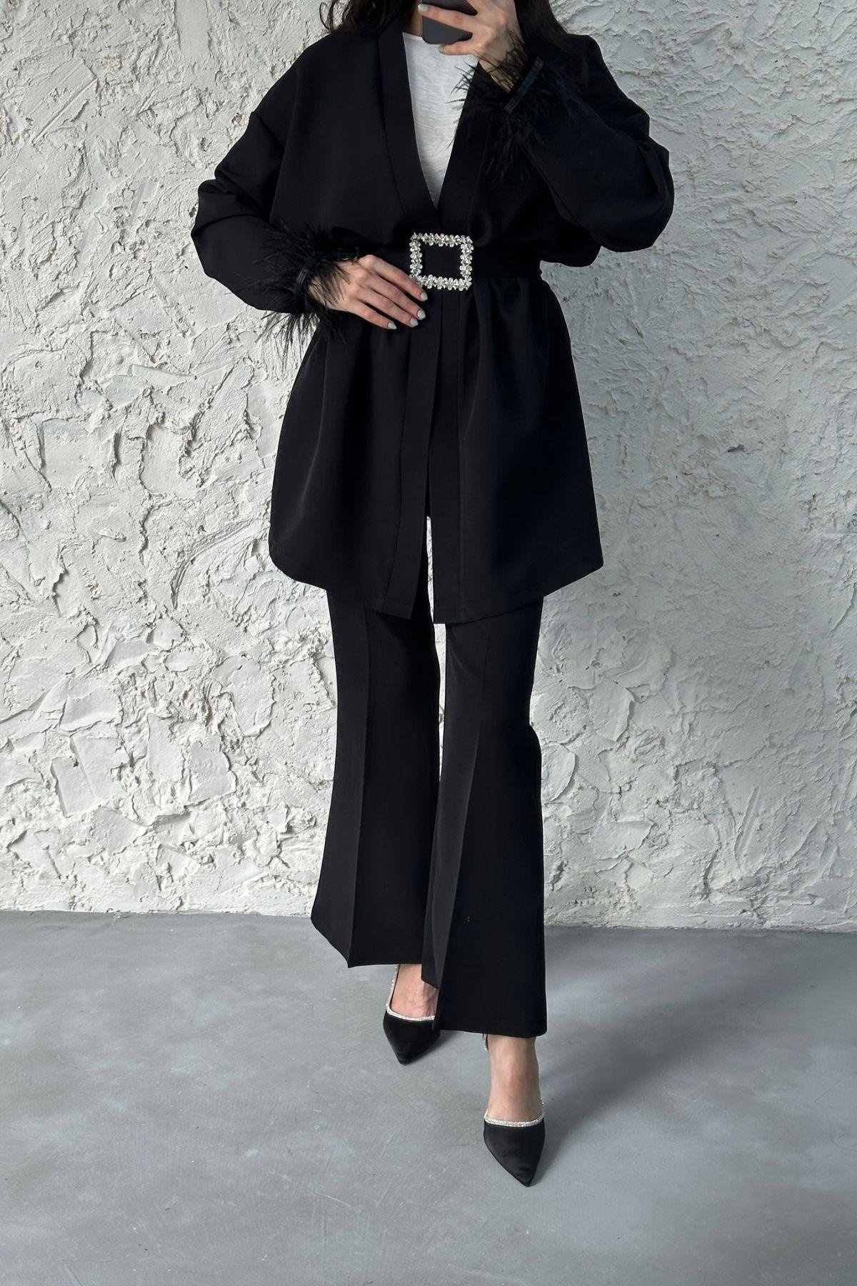 Tüylü Kimonolu Takım Siyah, Fiyatları Tüylü Kimonolu Takım Siyah – Haza Moda | Tesettür Giyim