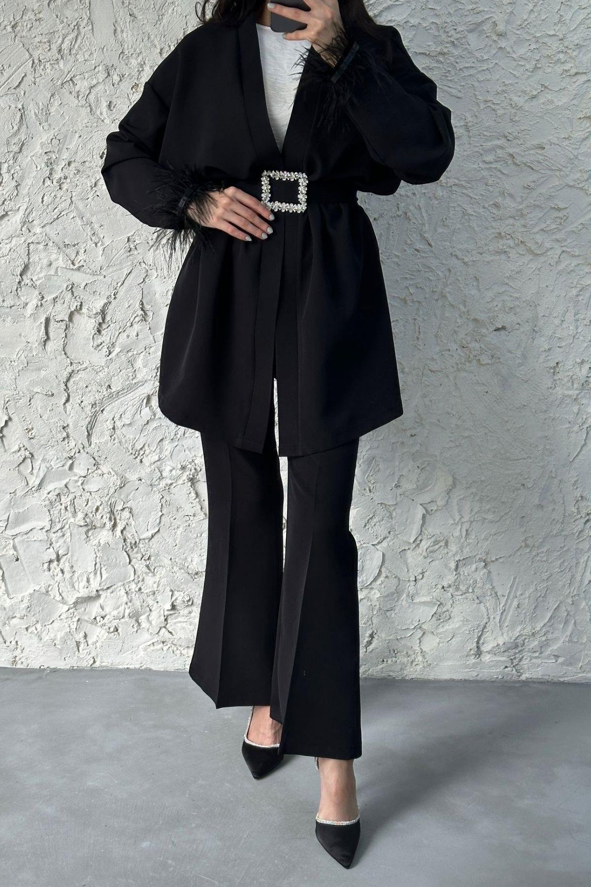 Tüylü Kimonolu Takım Siyah, Fiyatları Tüylü Kimonolu Takım Siyah – Haza Moda | Tesettür Giyim