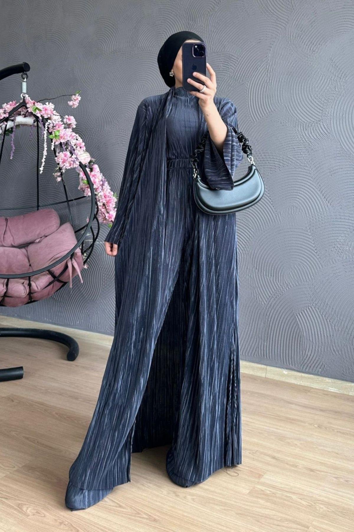 Üçlü Piliseli Takım Füme, Fiyatları Haza Moda | Tesettür Giyim | Üçlü Piliseli Takım Füme